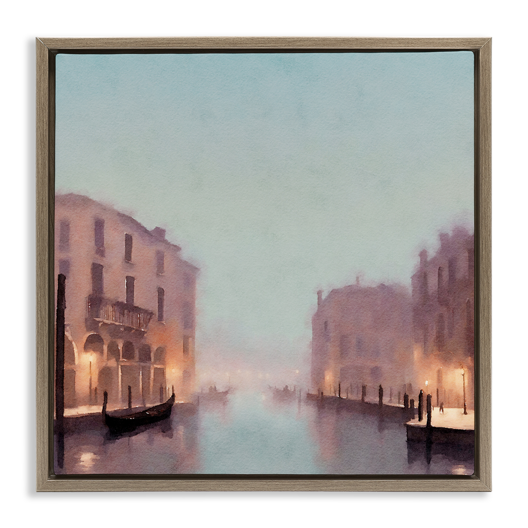 Stupell Industries Lights In Misty Canal Buildings & Architecture Painting Brown Floater Framed Canvas Art Print Wall Art, 25 x 25