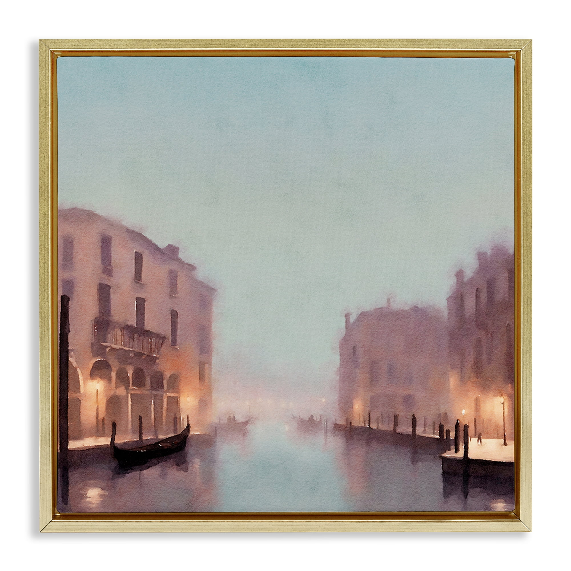 Stupell Industries Lights In Misty Canal Buildings & Architecture Painting Gold Floater Framed Canvas Art Print Wall Art, 25 x 25