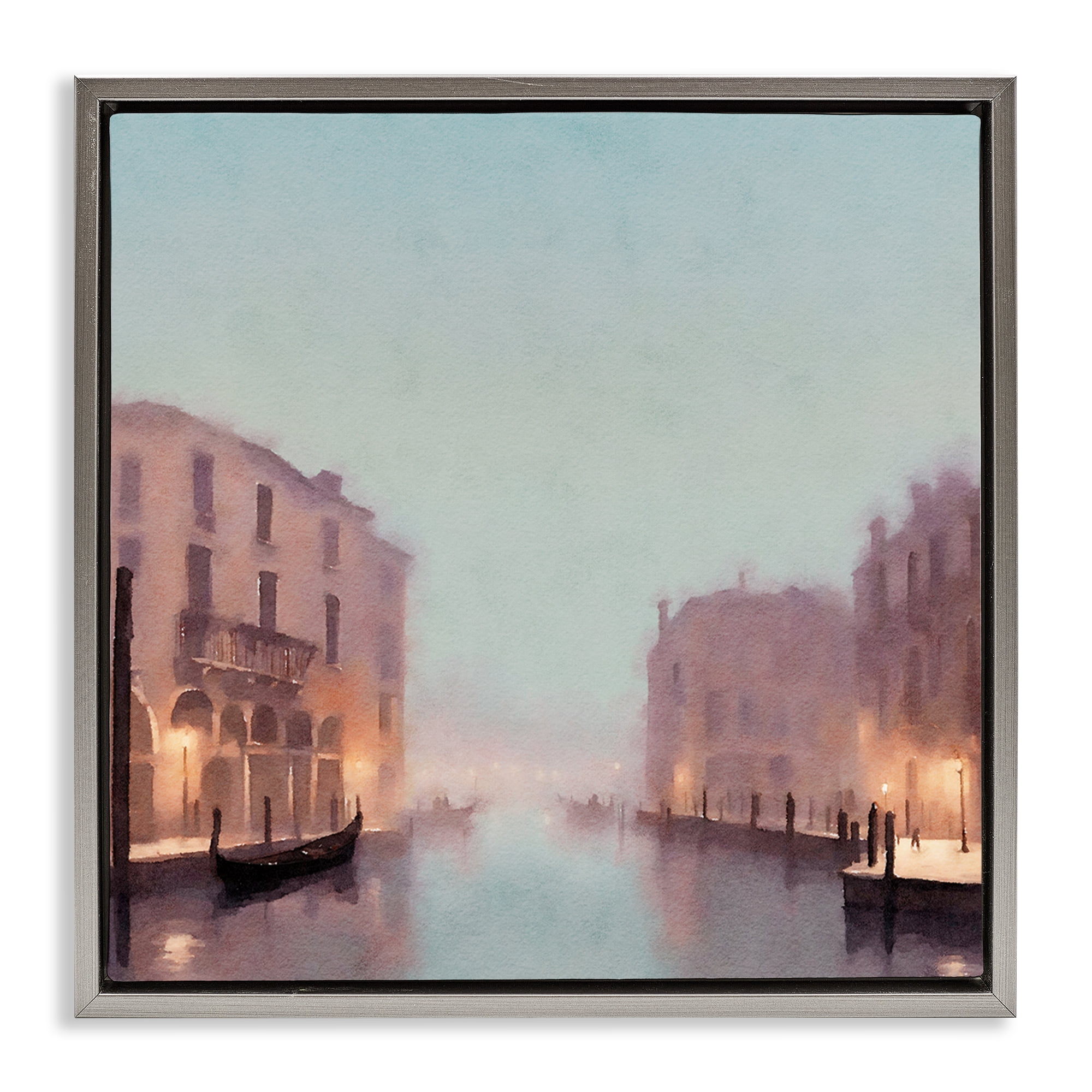 Stupell Industries Lights In Misty Canal Buildings & Architecture Painting Gray Floater Framed Canvas Art Print Wall Art, 25 x 25