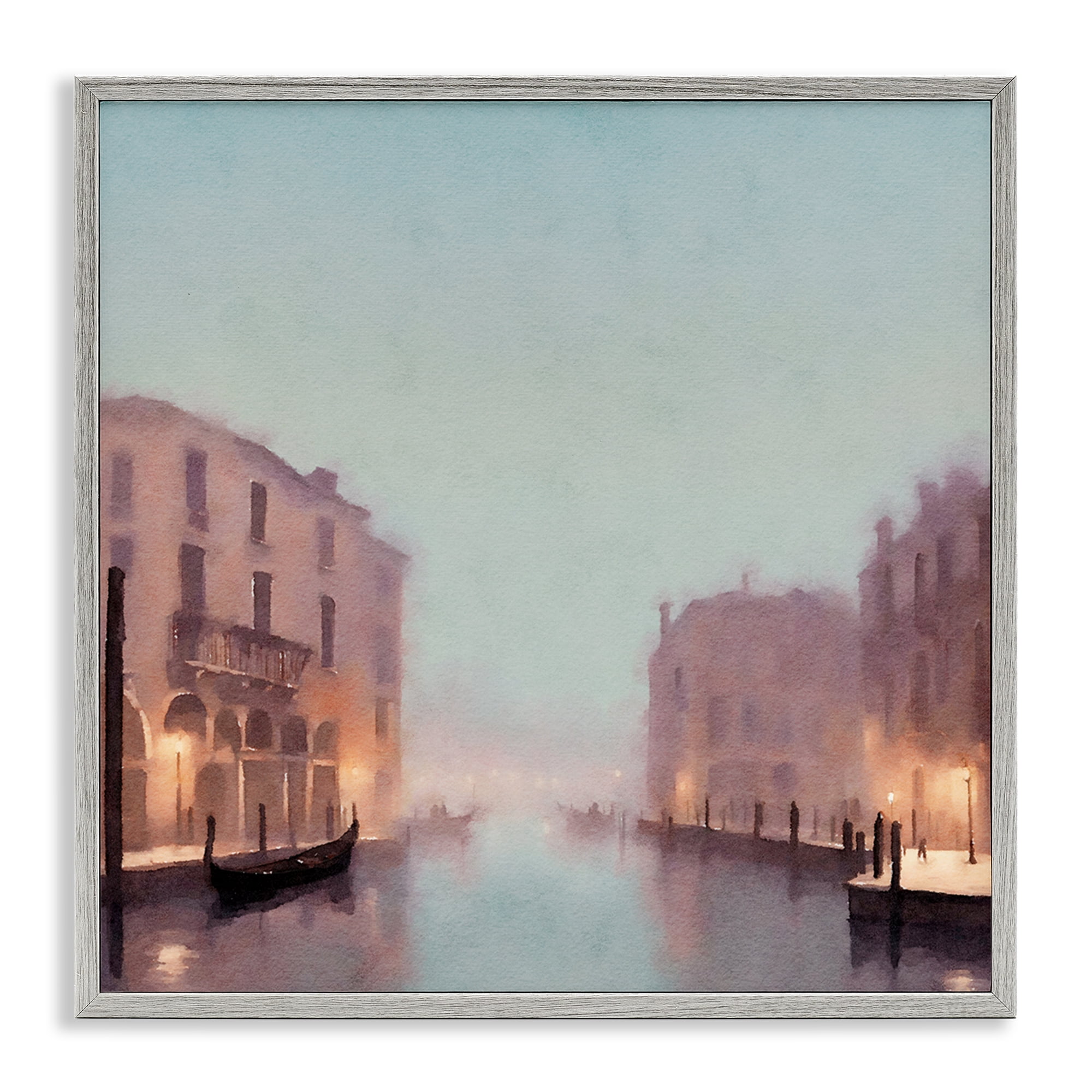 Stupell Industries Lights In Misty Canal Buildings & Architecture Painting Gray Framed Art Print Wall Art, 24 x 24