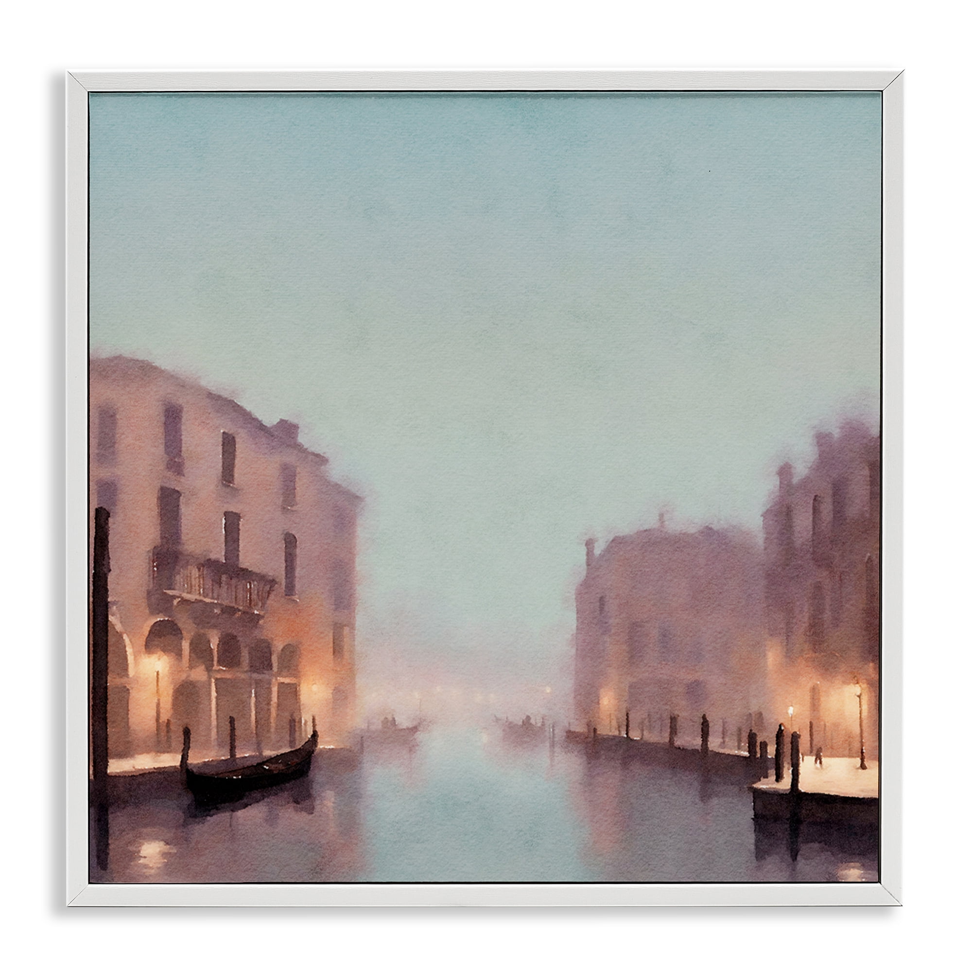 Stupell Industries Lights In Misty Canal Buildings & Architecture Painting White Framed Art Print Wall Art, 17 x 17