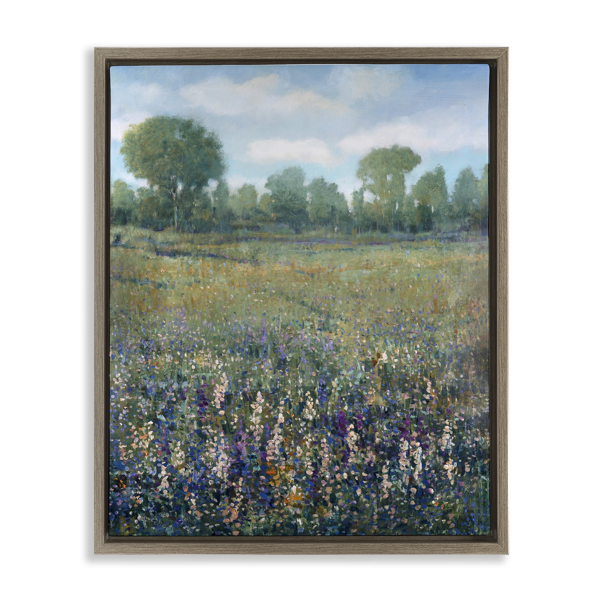 Stupell Industries Lilac & Wildflower Fields Landscape Painting Brown Floater Framed Art Print Wall Art, 25 x 31