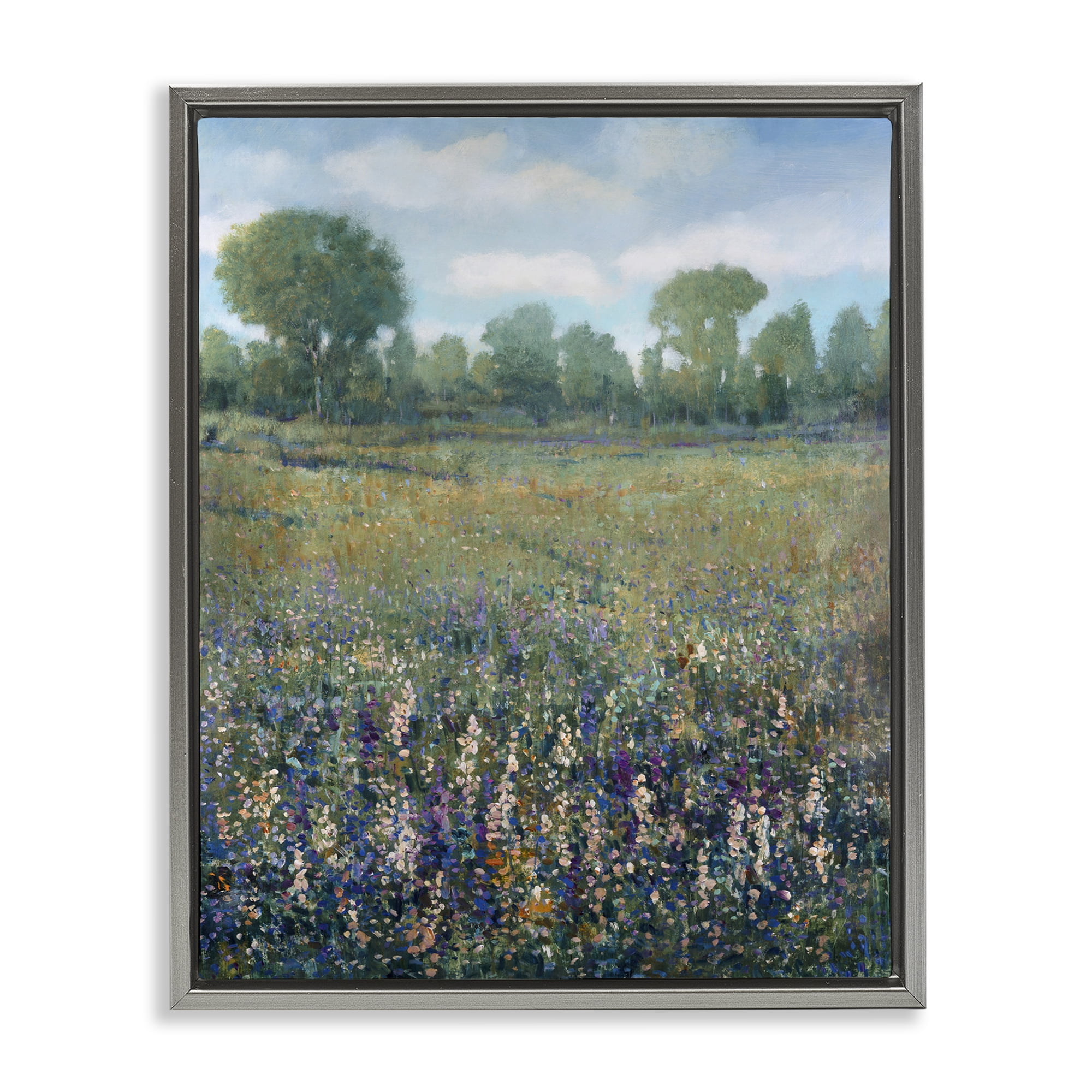 Stupell Industries Lilac & Wildflower Fields Landscape Painting Gray Floater Framed Art Print Wall Art, 25 x 31