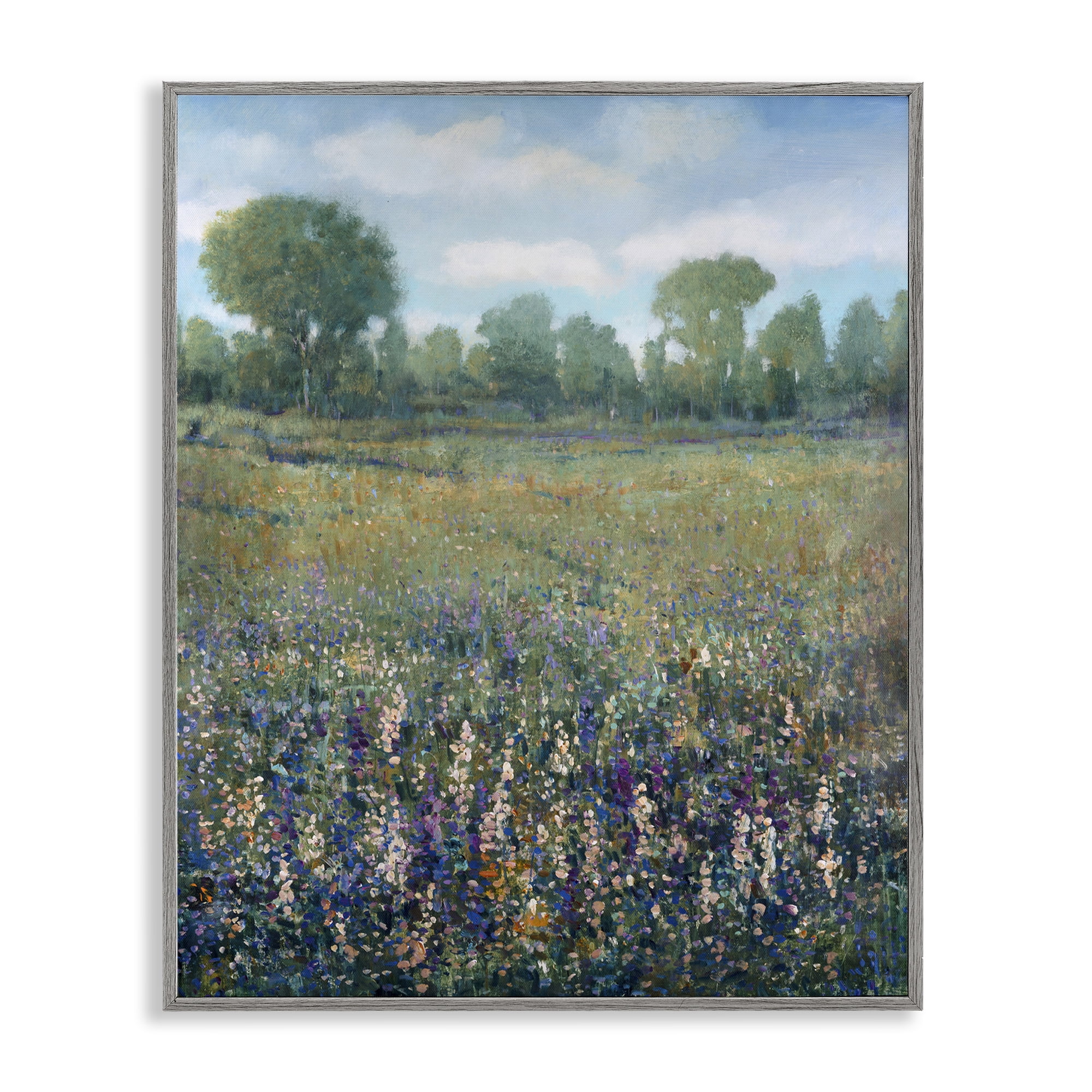 Stupell Industries Lilac & Wildflower Fields Landscape Painting Gray Framed Art Print Wall Art, 24 x 30