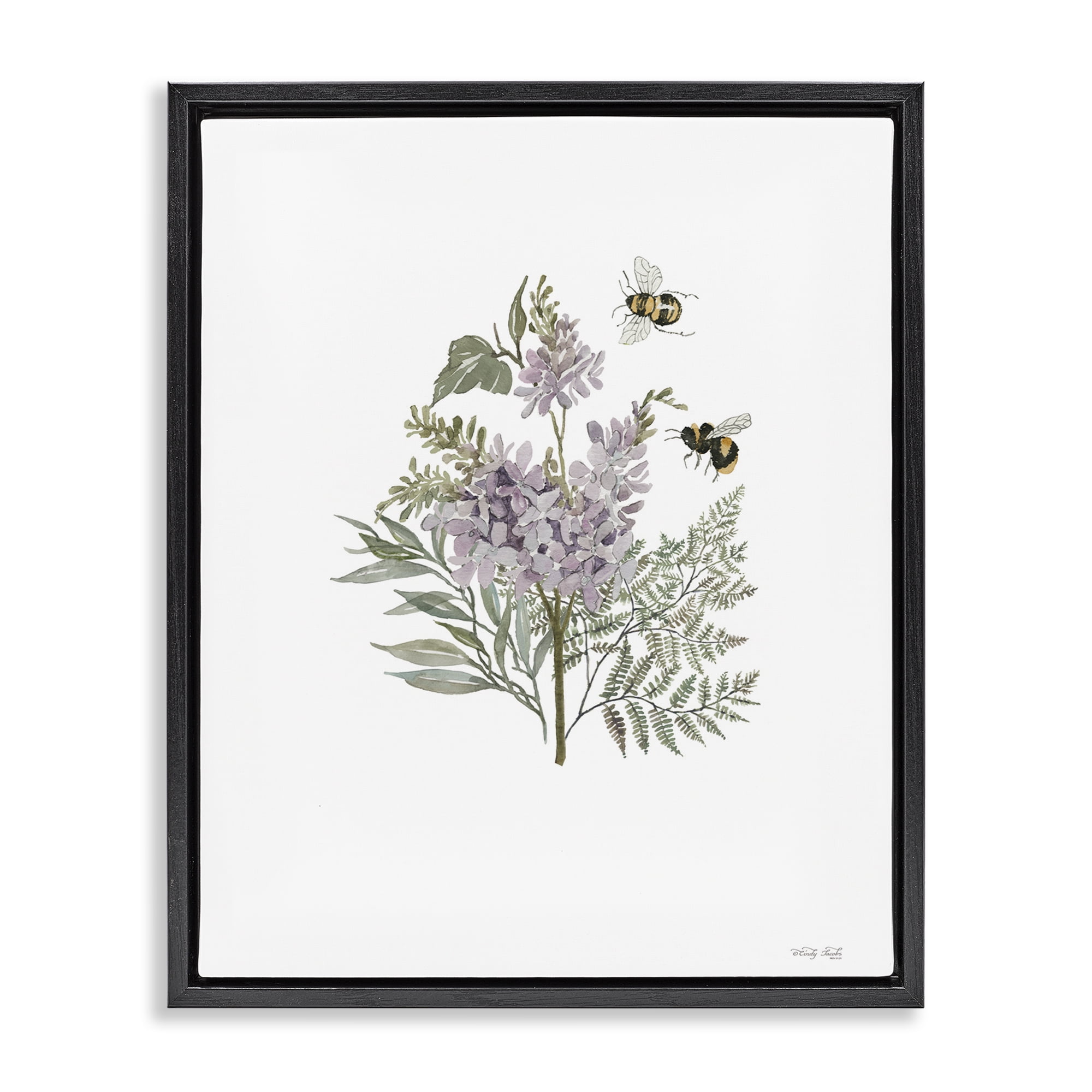 Stupell Industries Lilacs & Bumble Bees Animals & Insects Painting Black Floater Framed Art Print Wall Art, 25 x 31