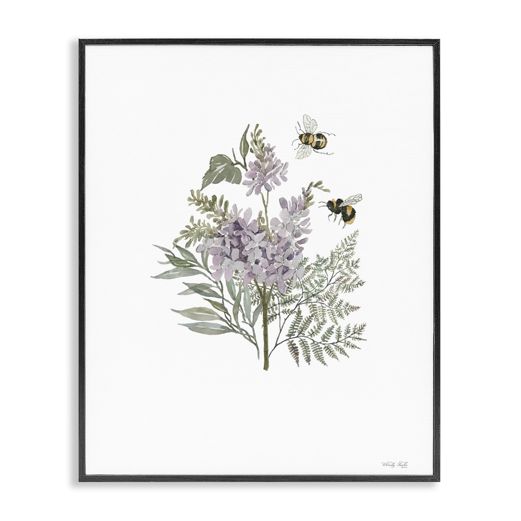 Stupell Industries Lilacs & Bumble Bees Animals & Insects Painting Black Framed Art Print Wall Art, 16 x 20