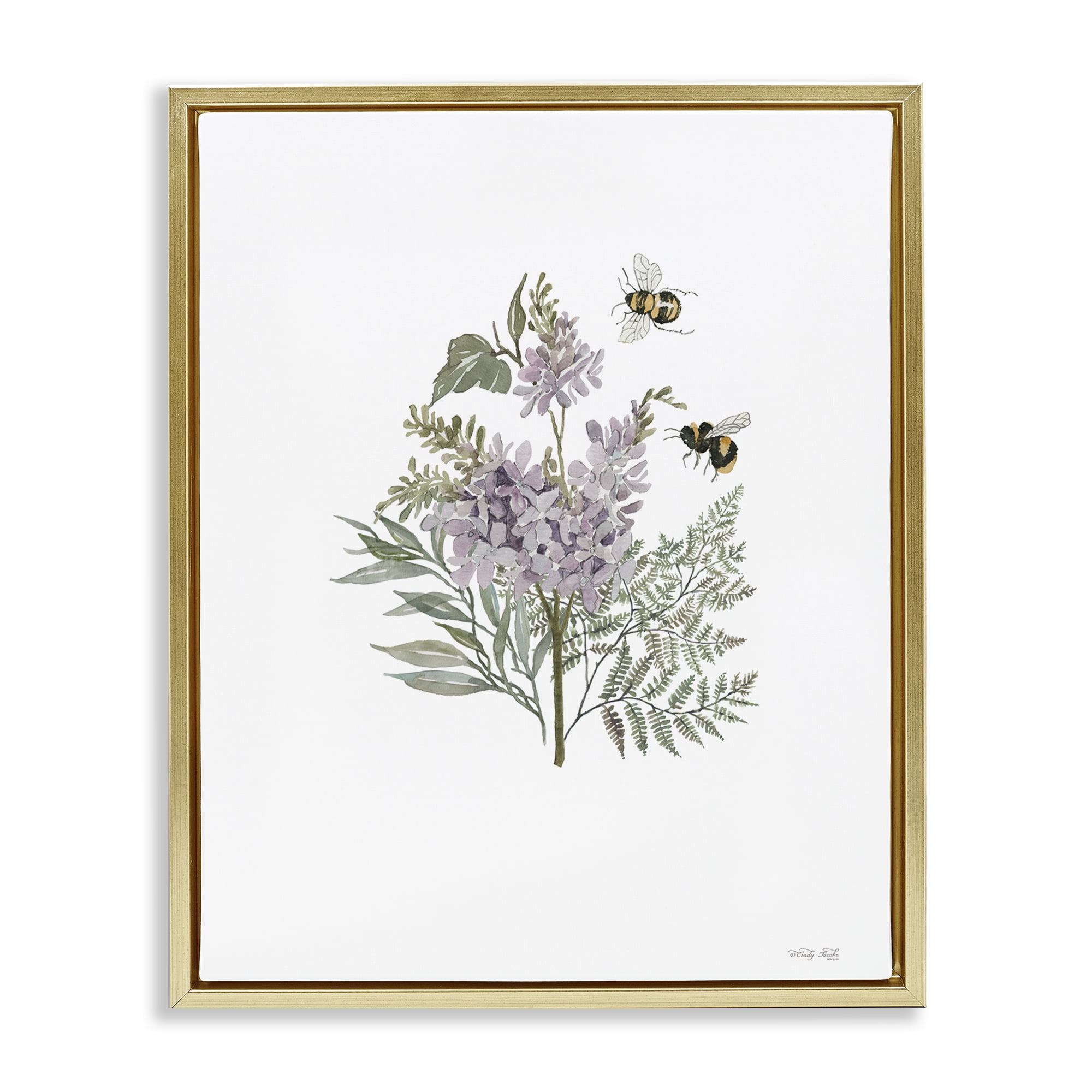 Stupell Industries Lilacs & Bumble Bees Animals & Insects Painting Gold Floater Framed Art Print Wall Art, 17 x 21