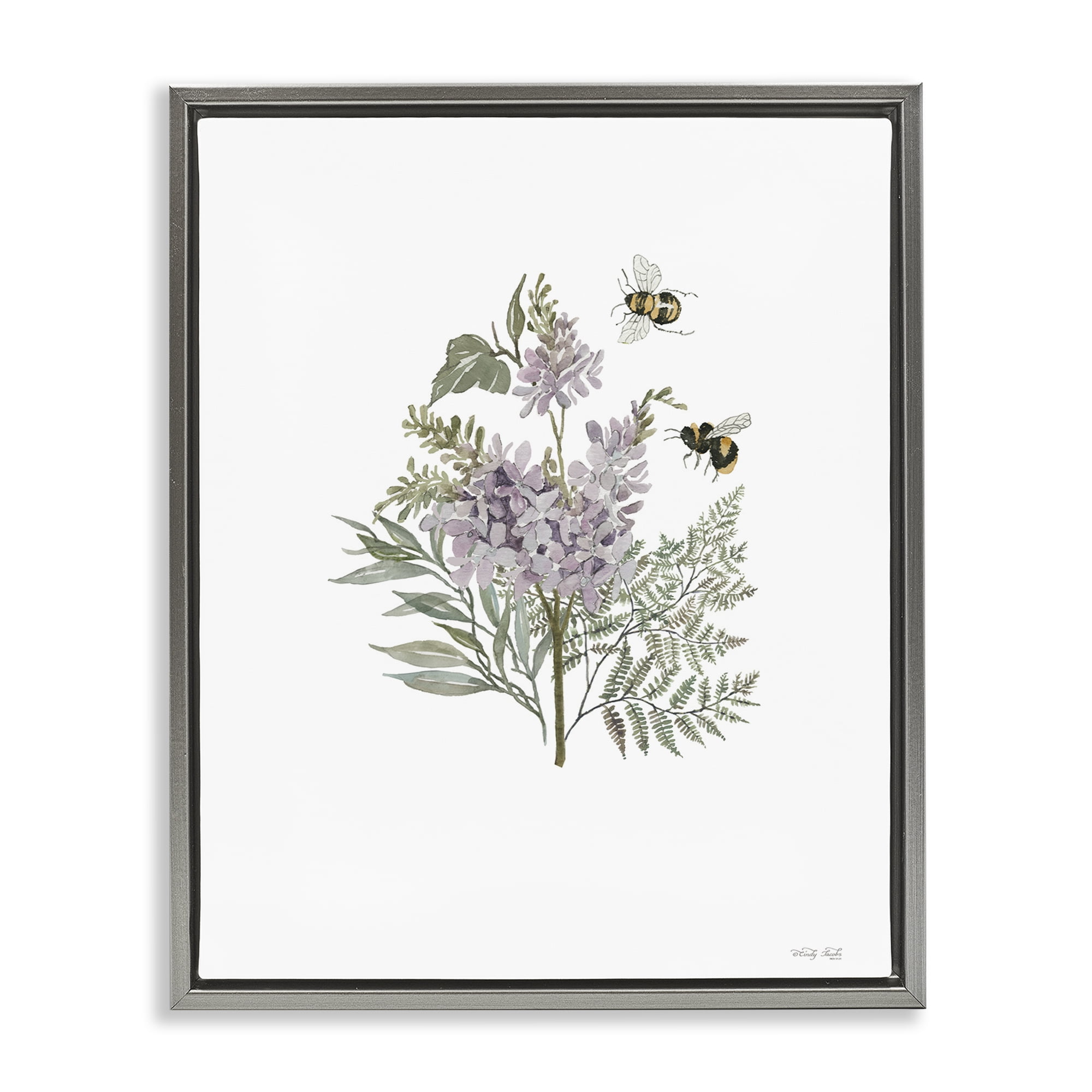 Stupell Industries Lilacs & Bumble Bees Animals & Insects Painting Gray Floater Framed Art Print Wall Art, 17 x 21