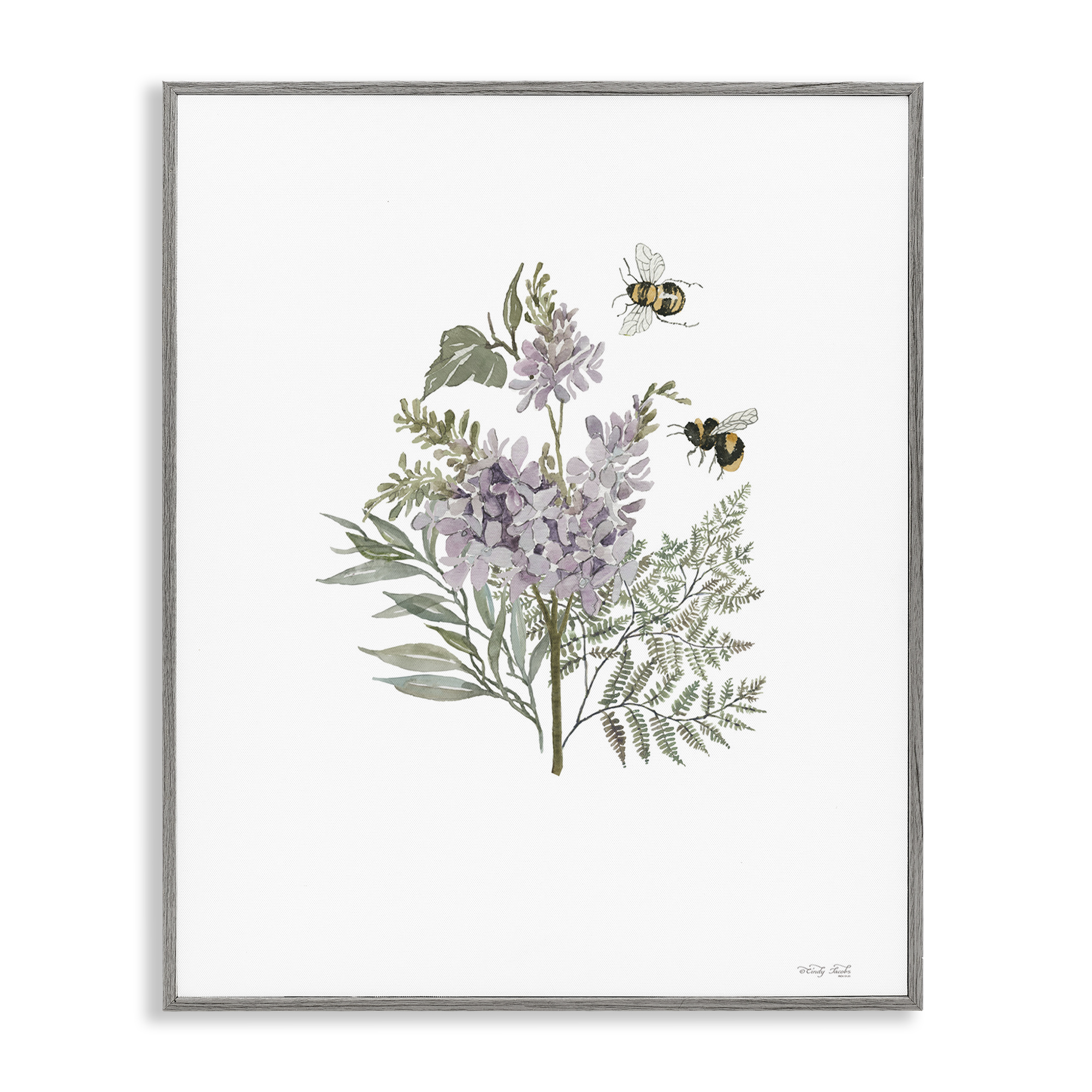 Stupell Industries Lilacs & Bumble Bees Animals & Insects Painting Gray Framed Art Print Wall Art, 11 x 14