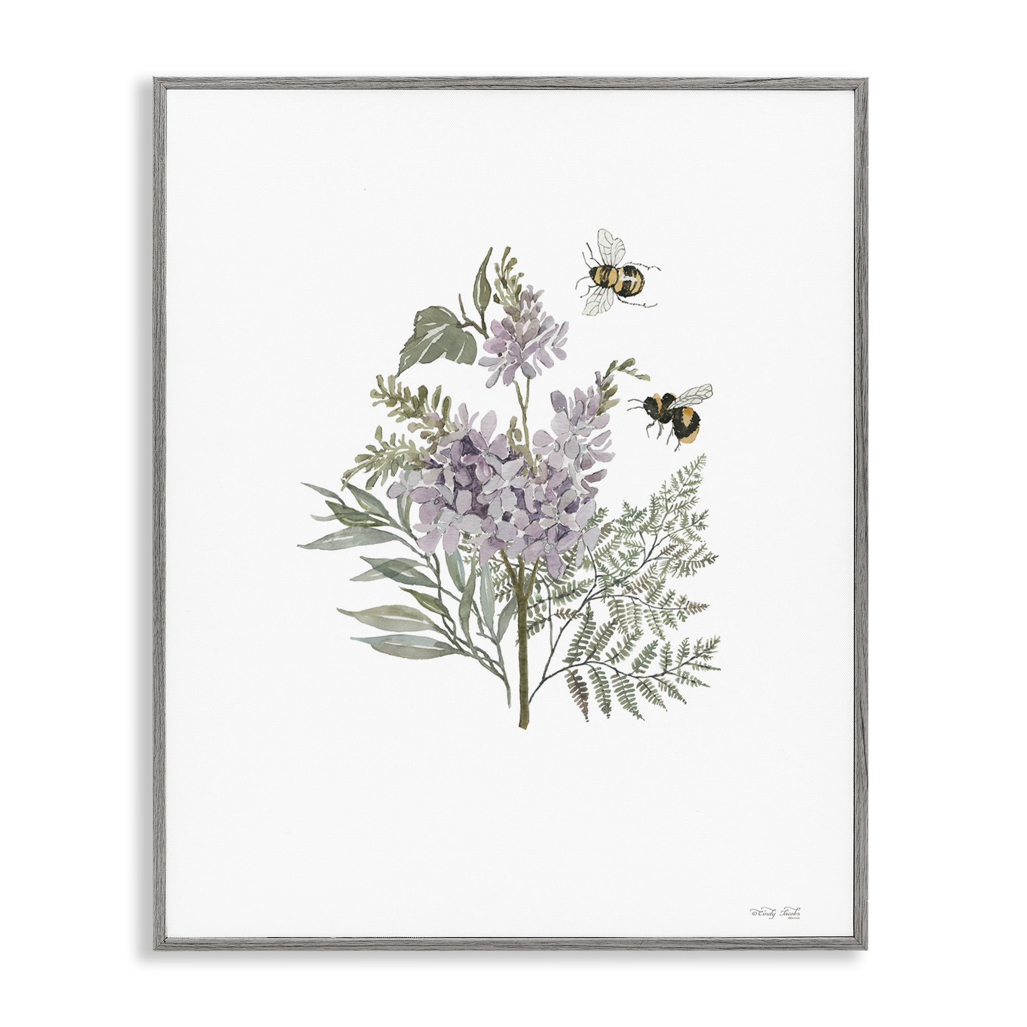 Stupell Industries Lilacs & Bumble Bees Animals & Insects Painting Gray Framed Art Print Wall Art, 16 x 20