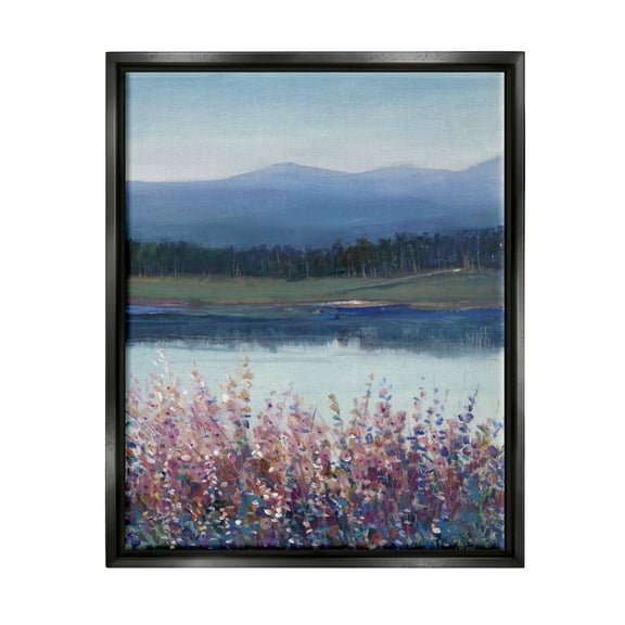 Stupell Industries Lilacs By Lake Mountain Landscape Coastal Painting Black Floater Framed Art Print Wall Art