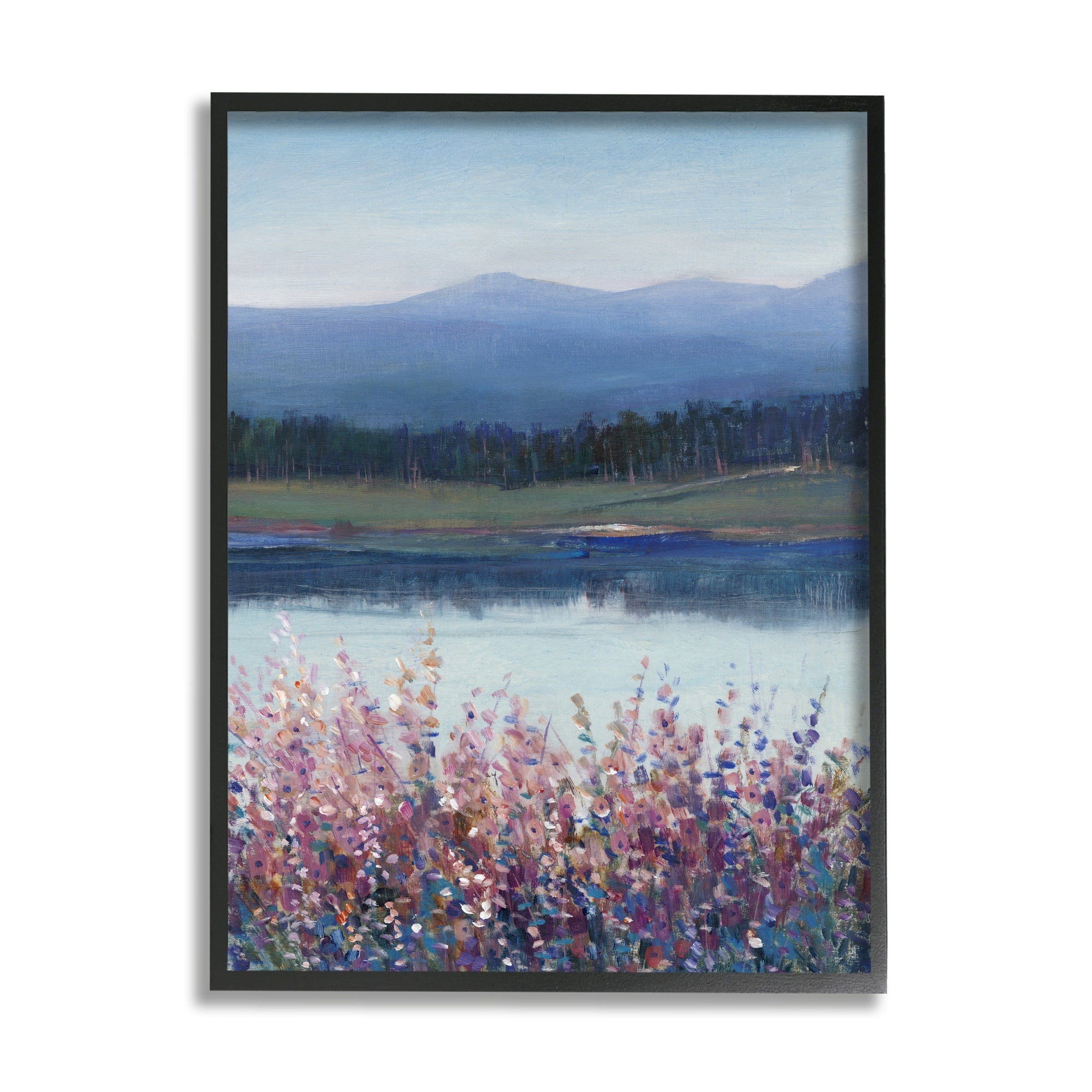 Stupell Industries Lilacs By Lake Mountain Landscape Coastal Painting Black Framed Art Print Wall Art