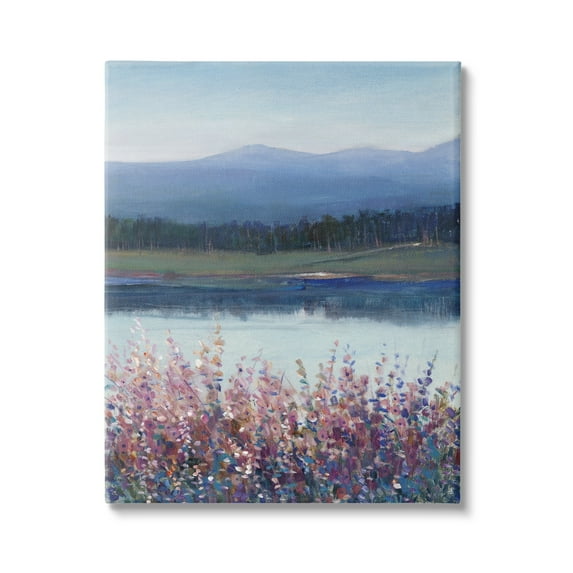 Stupell Industries Lilacs By Lake Mountain Landscape Coastal Painting Gallery Wrapped Canvas Print Wall Art