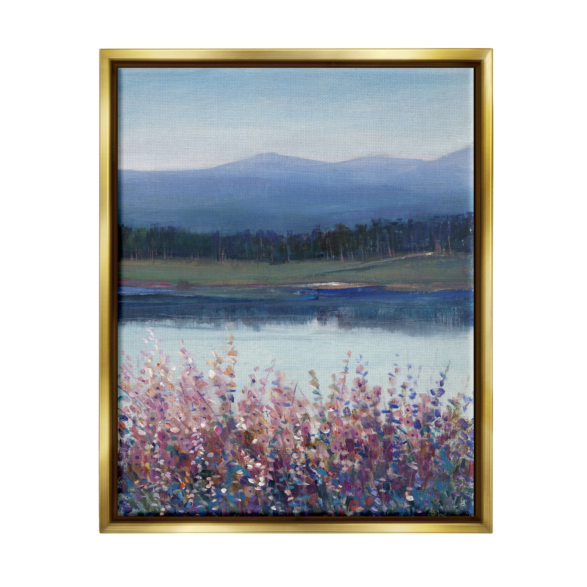 Stupell Industries Lilacs By Lake Mountain Landscape Coastal Painting Gold Floater Framed Art Print Wall Art
