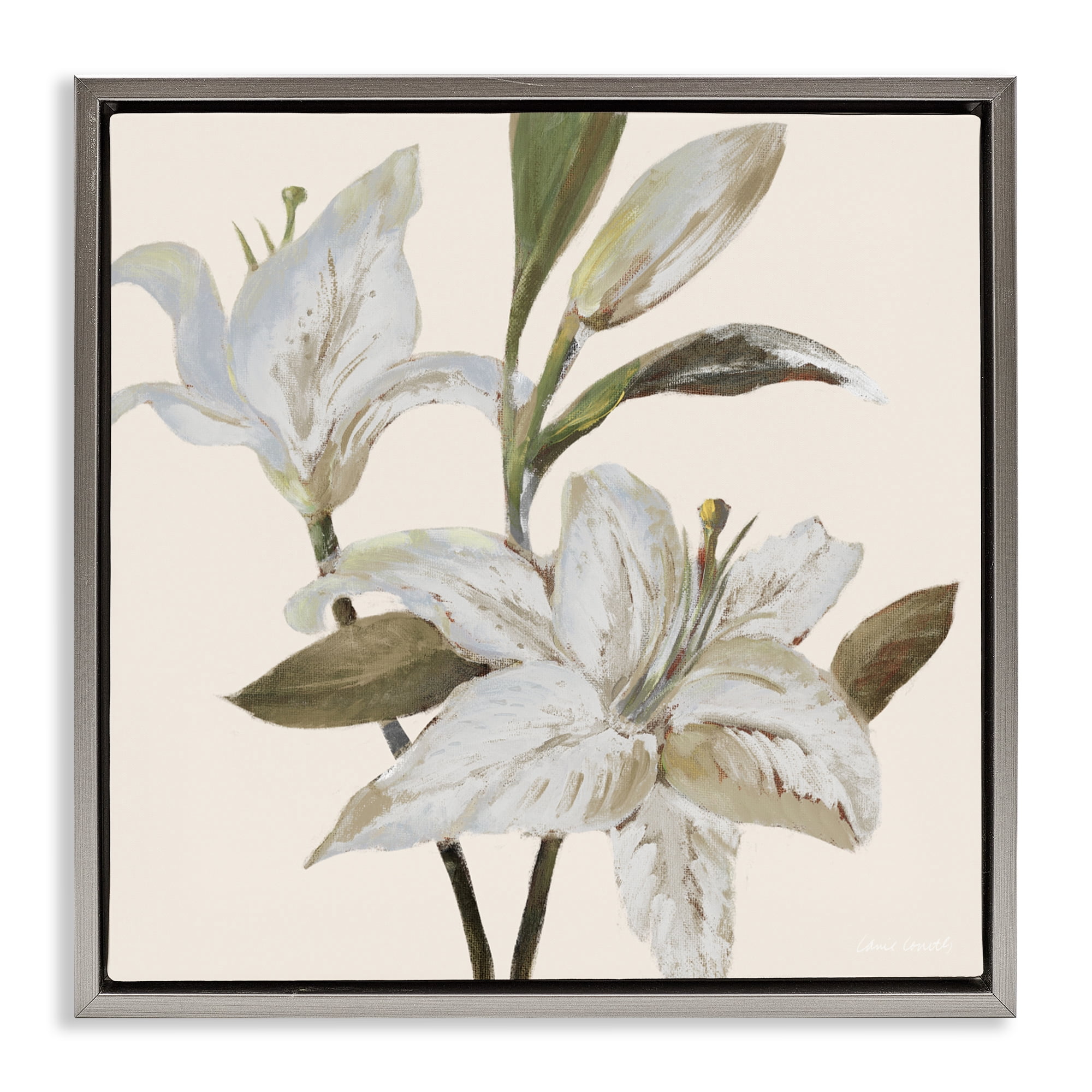 Stupell Industries Lilies Soft Beige Gray Framed Floater Canvas Wall Art, design by Lanie Loreth