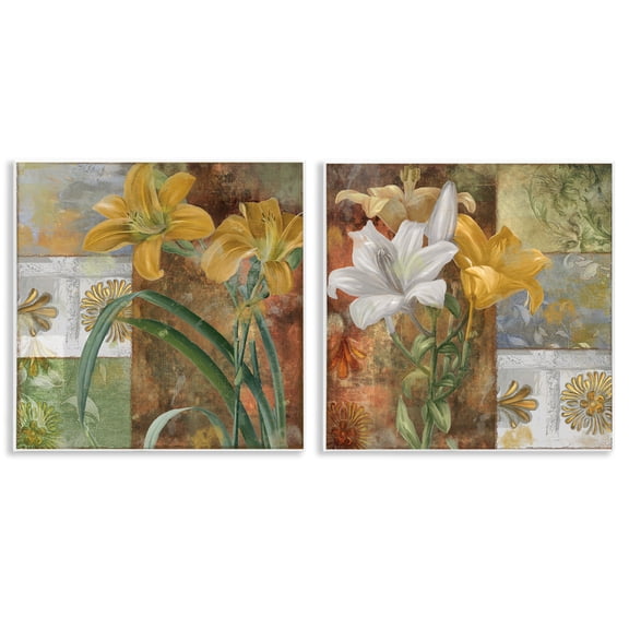 Stupell Industries Lilies & Vintage Tile Patterns Floral Painting Unframed Art Print Wall Art, 12 x 12, Set of 2