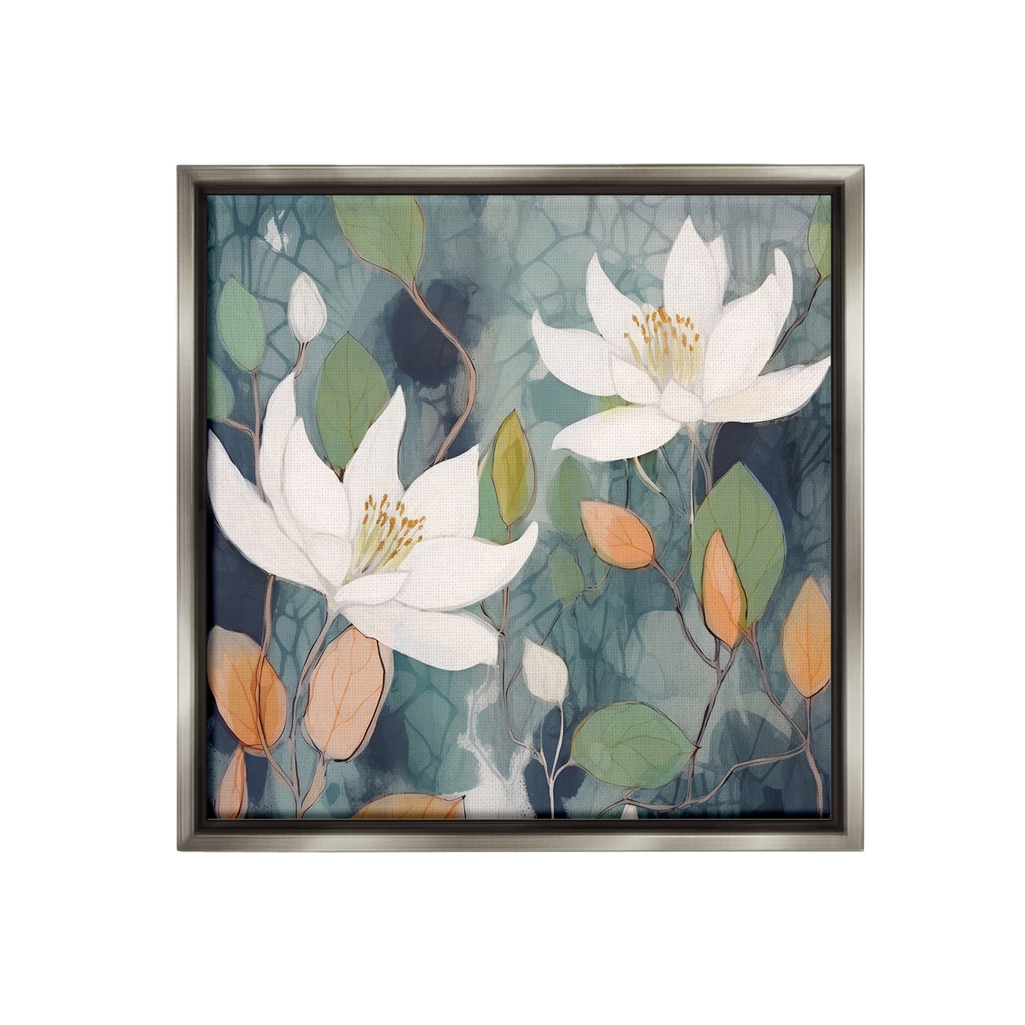Stupell Industries Lilies on Geometric Pattern Botanical & Floral Painting Gray Floater Framed Canvas Art Print Wall Art, 18 x 18