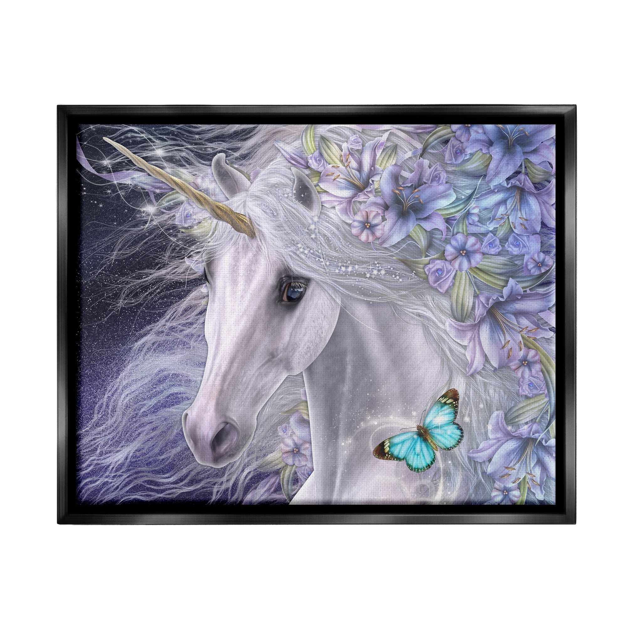 Stupell Industries Lillicorn Purple Floral Unicorn Fairy Tales & Fantasy Painting Black Floater Framed Canvas Art Print Wall Art, 31 x 25
