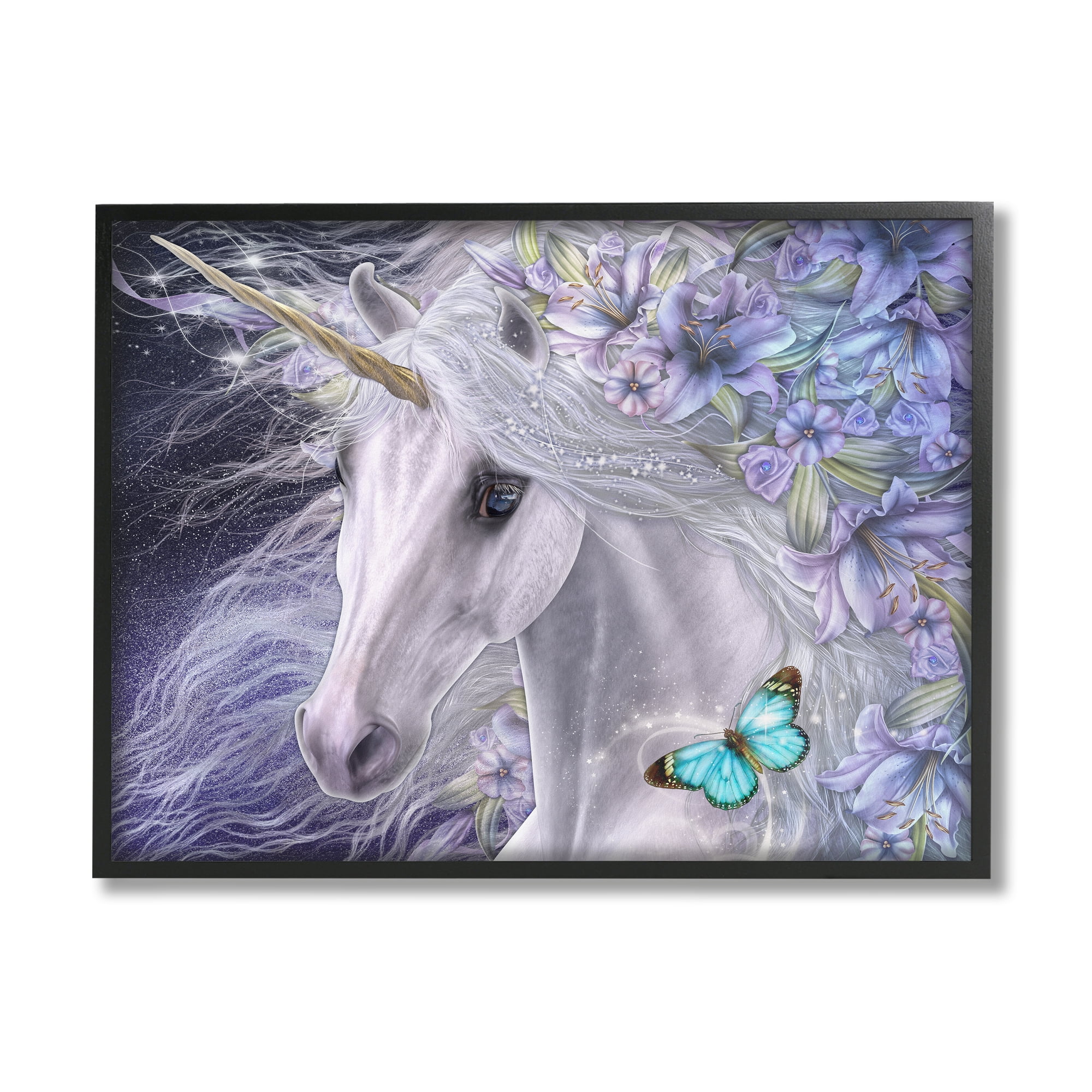 Stupell Industries Lillicorn Purple Floral Unicorn Fairy Tales & Fantasy Painting Black Framed Art Print Wall Art, 20 x 16