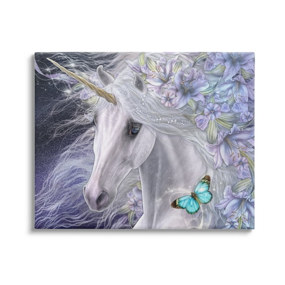 Stupell Industries Lillicorn Purple Floral Unicorn Fairy Tales & Fantasy Painting Gallery Wrapped Canvas Art Print Wall Art, 20 x 16