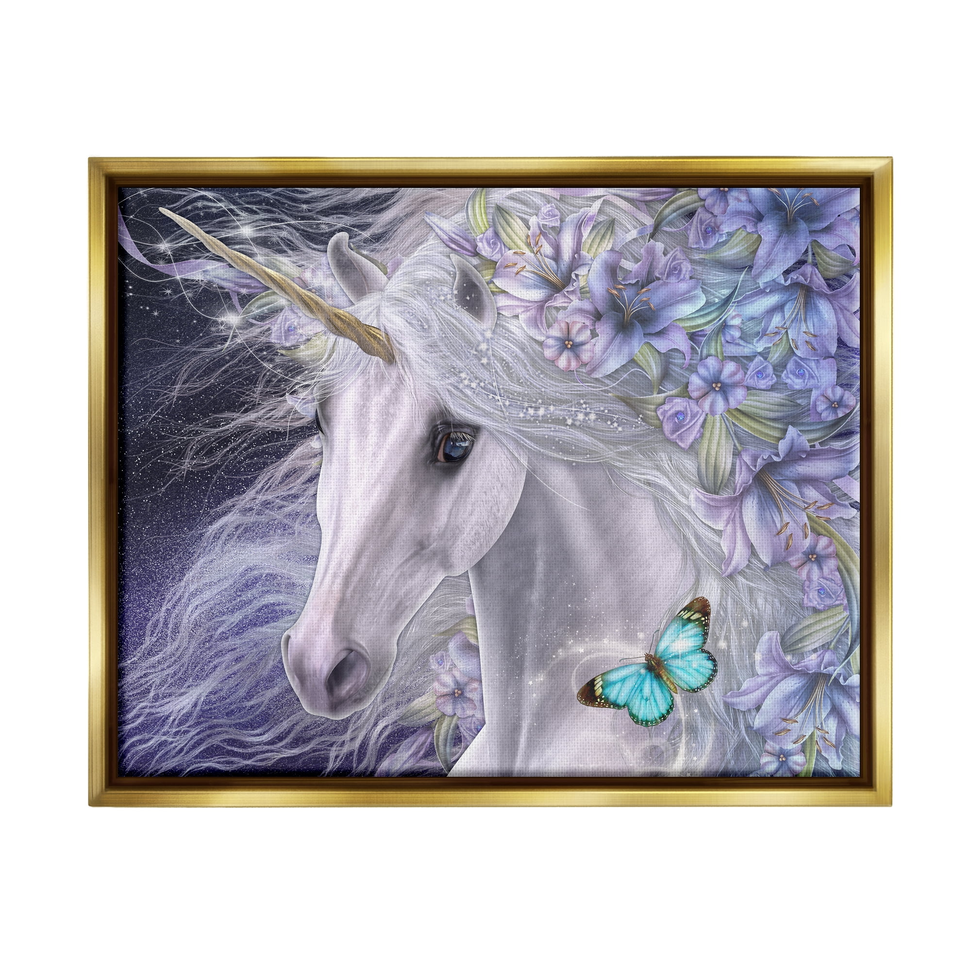 Stupell Industries Lillicorn Purple Floral Unicorn Fairy Tales & Fantasy Painting Gold Floater Framed Canvas Art Print Wall Art, 31 x 25