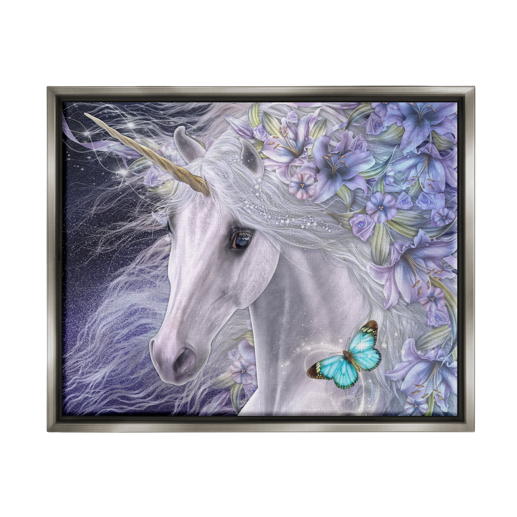 Stupell Industries Lillicorn Purple Floral Unicorn Fairy Tales & Fantasy Painting Gray Floater Framed Canvas Art Print Wall Art, 21 x 17