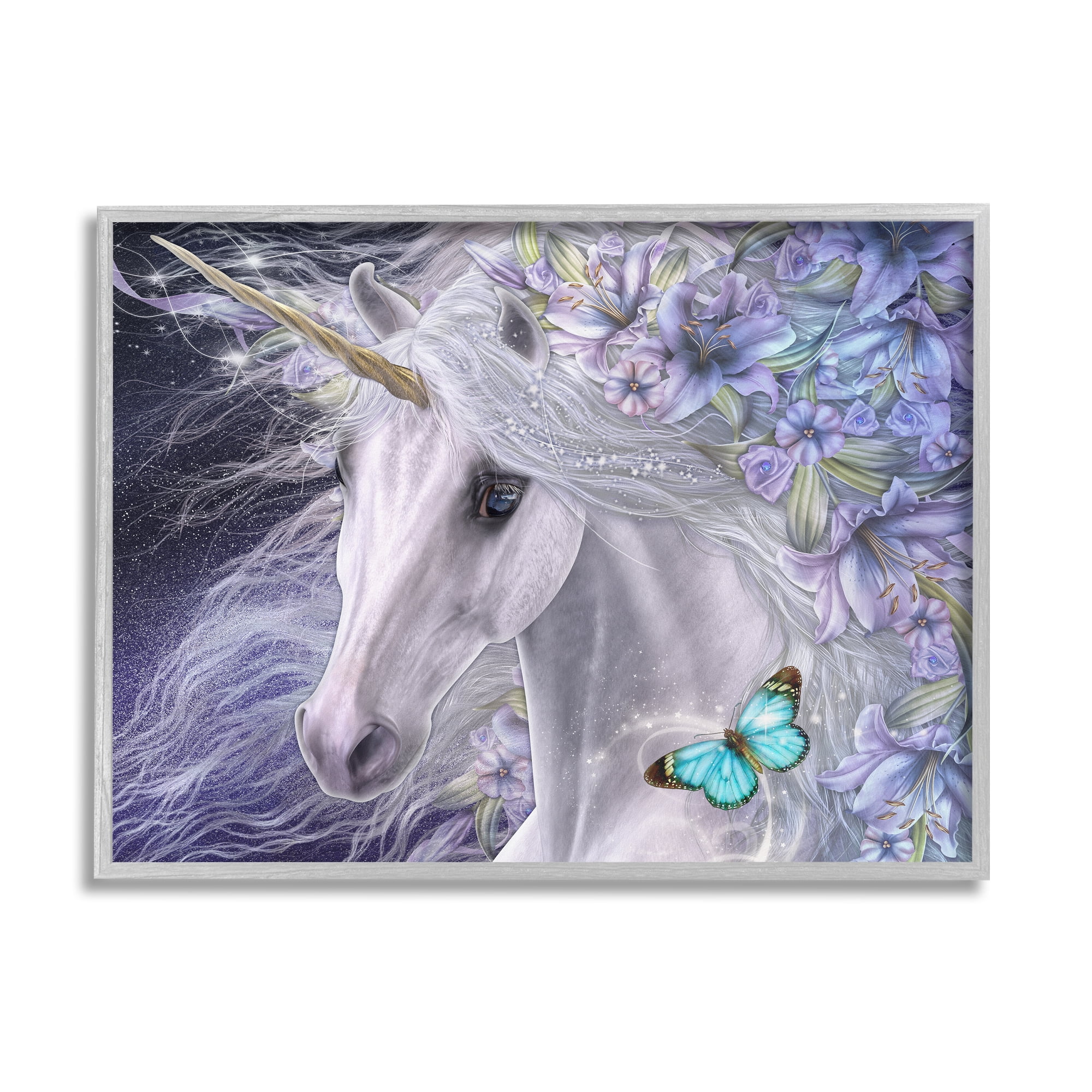 Stupell Industries Lillicorn Purple Floral Unicorn Fairy Tales & Fantasy Painting Gray Framed Art Print Wall Art, 14 x 11