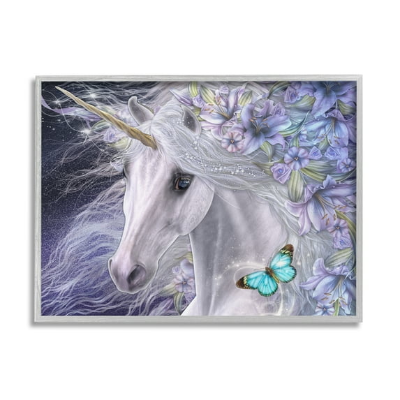 Stupell Industries Lillicorn Purple Floral Unicorn Fairy Tales & Fantasy Painting Gray Framed Art Print Wall Art, 20 x 16