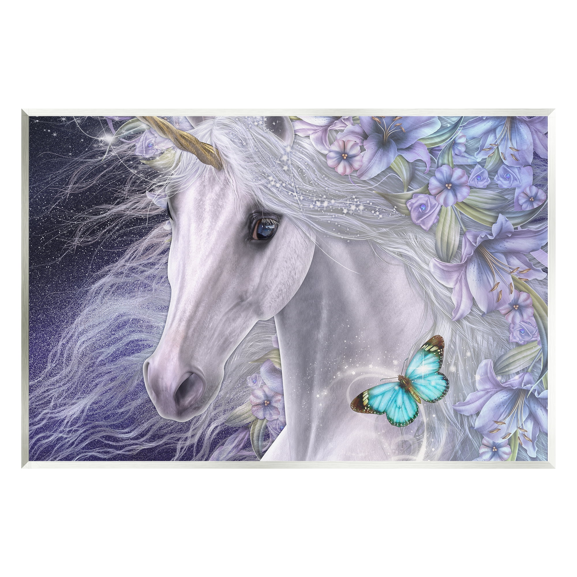 Stupell Industries Lillicorn Purple Floral Unicorn Fairy Tales & Fantasy Painting Unframed Art Print Wall Art, 19 x 13