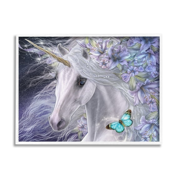 Stupell Industries Lillicorn Purple Floral Unicorn Fairy Tales & Fantasy Painting White Framed Art Print Wall Art, 14 x 11
