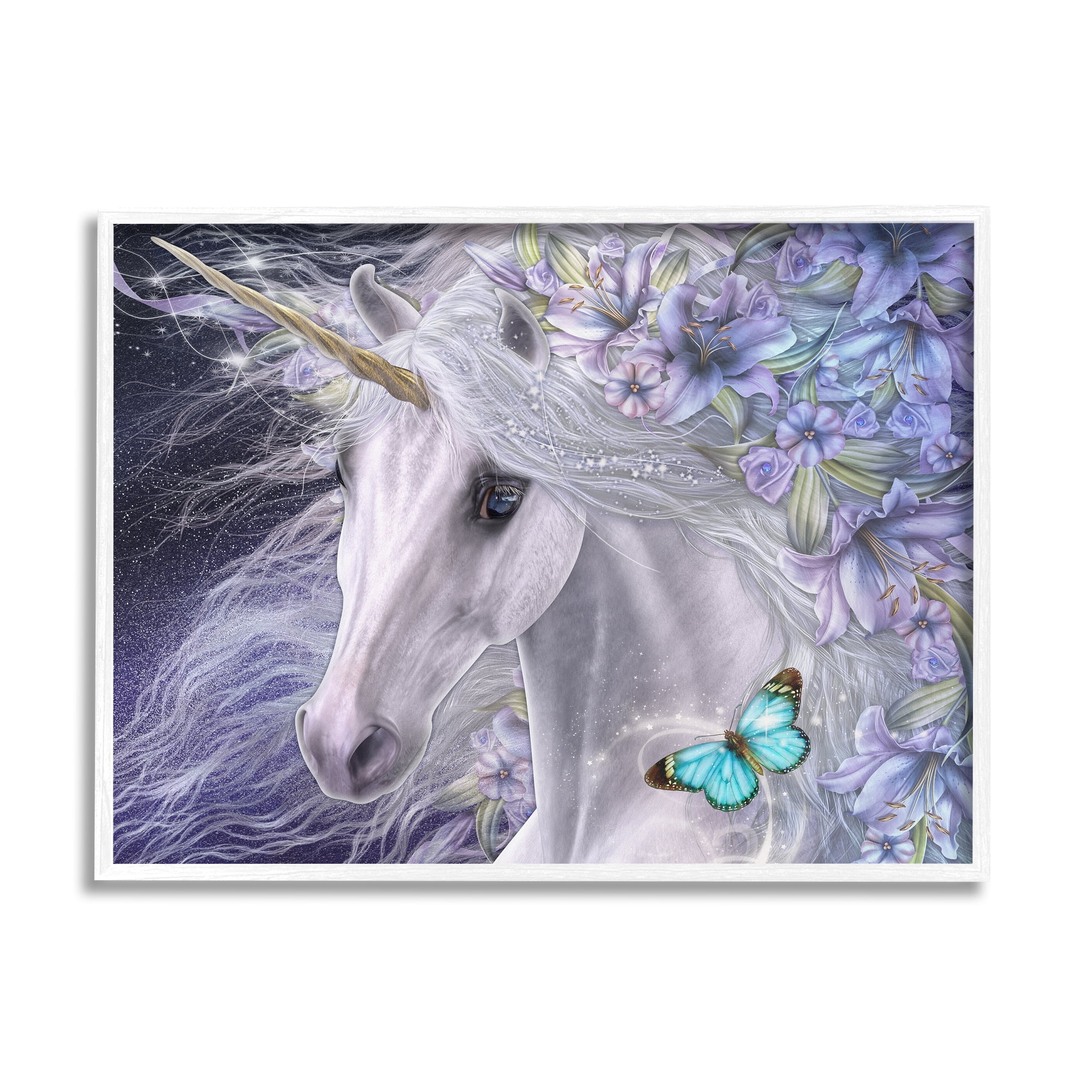 Stupell Industries Lillicorn Purple Floral Unicorn Fairy Tales & Fantasy Painting White Framed Art Print Wall Art, 20 x 16