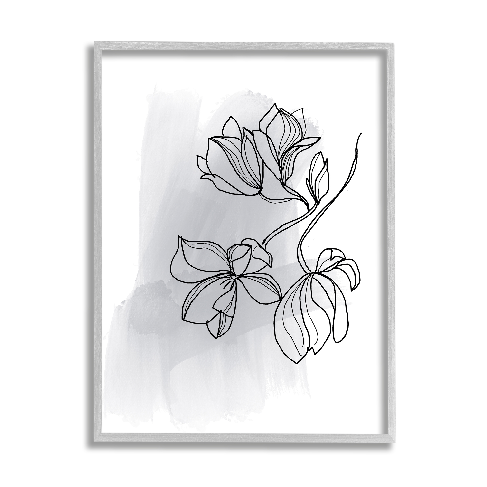 Stupell Industries Lily Floral Line Drawing over Abstract Brush Pattern Botanical & Floral Painting Gray Framed Art Print Wall Art, 16 x 20
