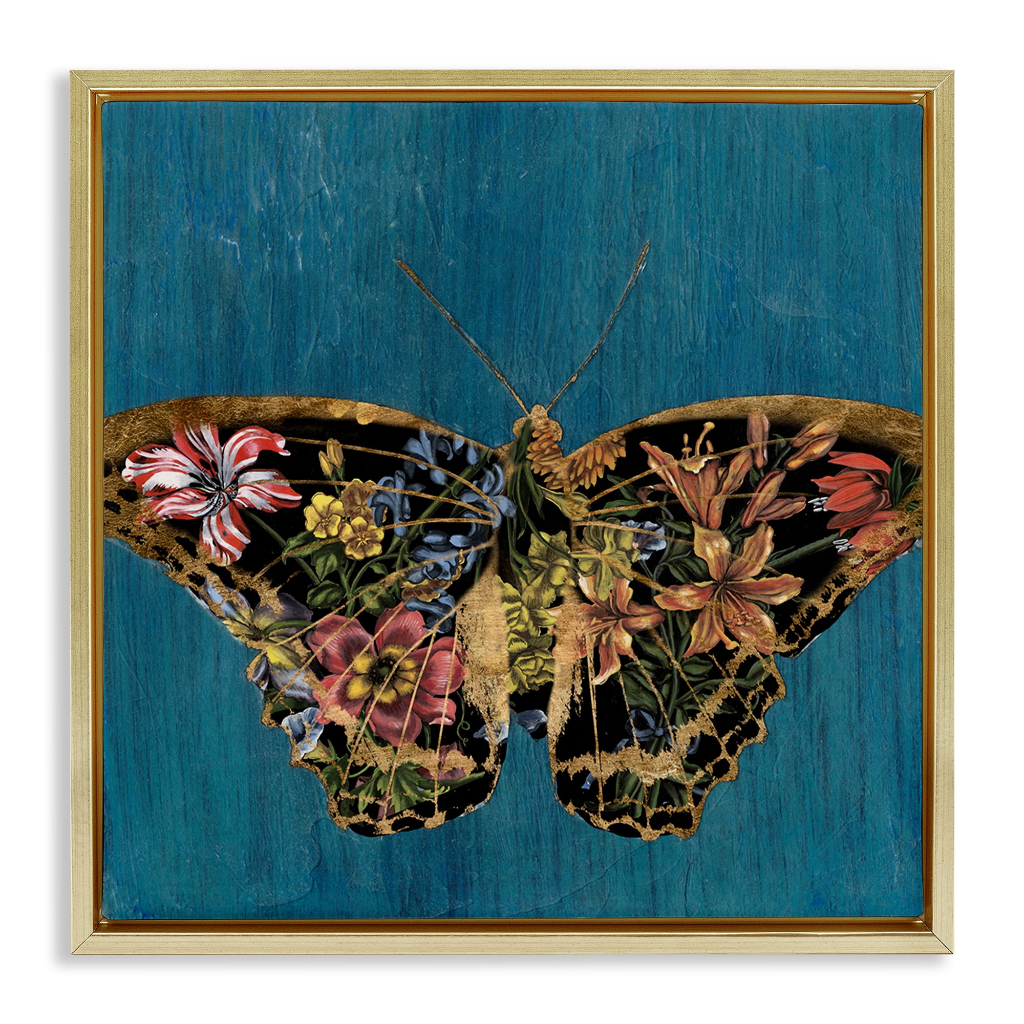 Stupell Industries Lily Pattern Butterfly Animals Painting Gold Floater Framed Canvas Art Print Wall Art, 25 x 25