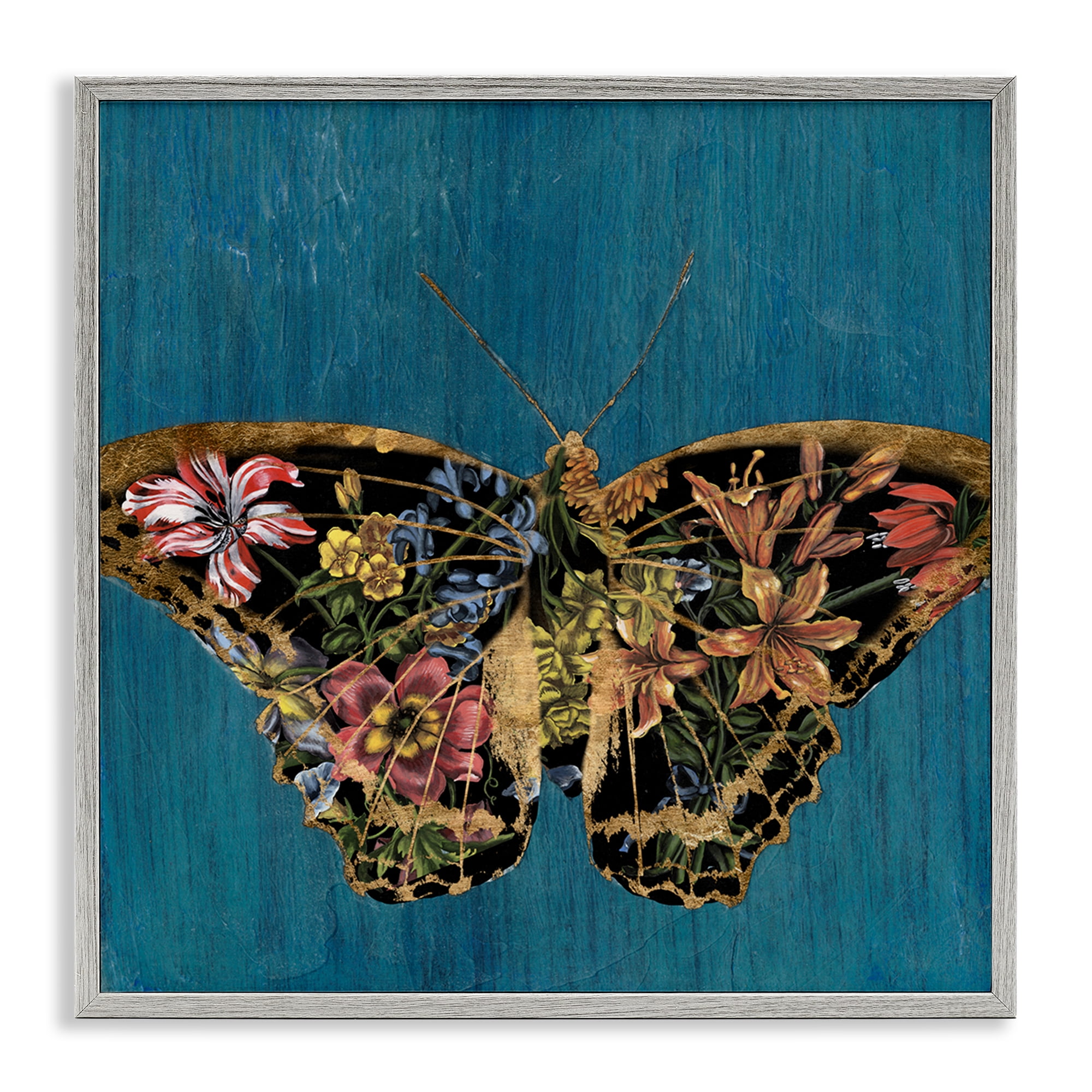 Stupell Industries Lily Pattern Butterfly Animals Painting Gray Framed Art Print Wall Art, 12 x 12