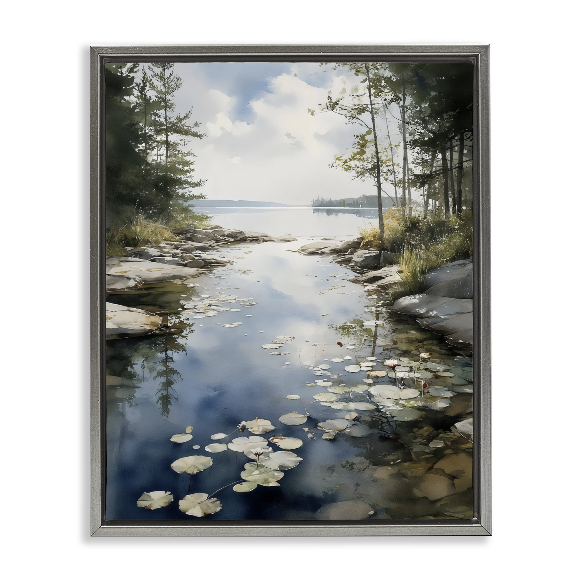 Stupell Industries Lilypad Inlet Reflection Gray Framed Floater Canvas Wall Art, design by Franklyn Gregory