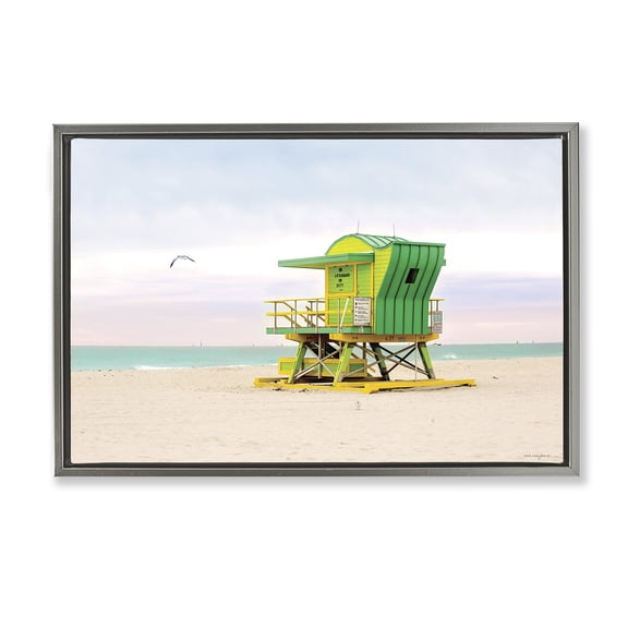 Stupell Industries Lime Green Lifeguard Hut Landscape & Nature Photography Gray Floater Framed Canvas Art Print Wall Art, 25 x 17