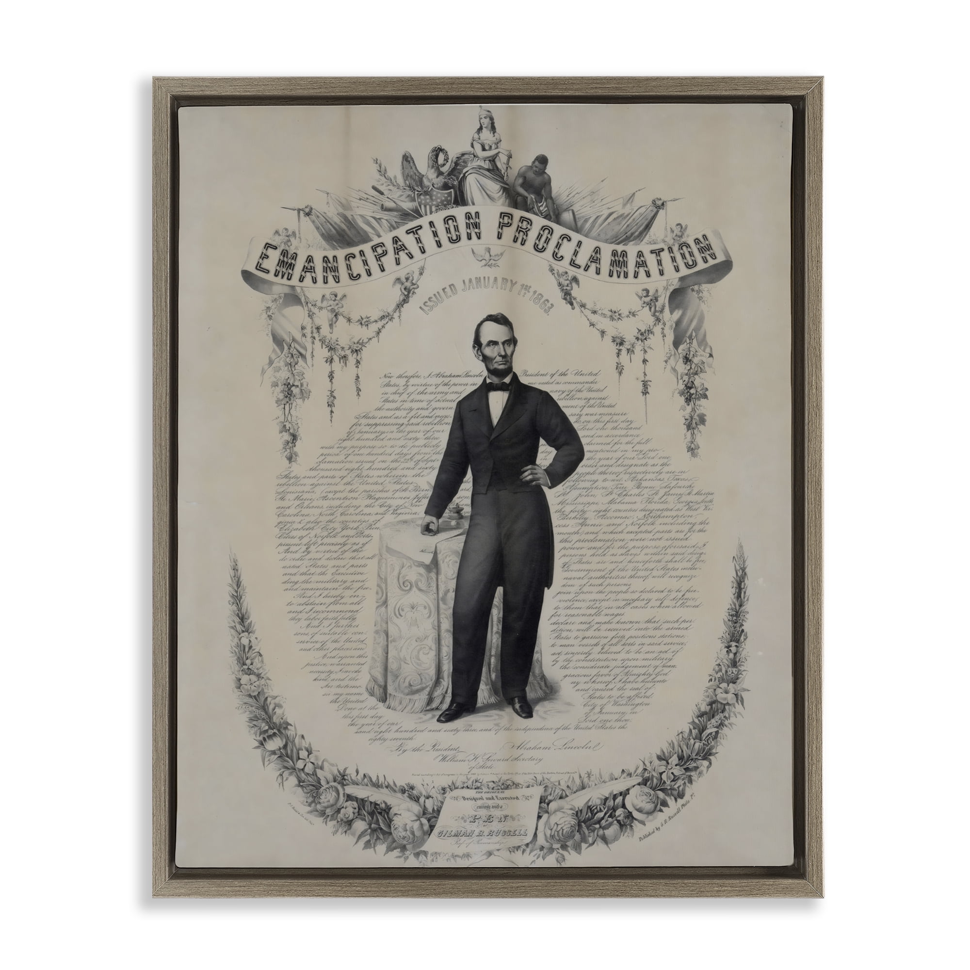 Stupell Industries Lincoln with Emancipation Proclamation Brown Framed Floater Canvas Wall Art, design by Arlington Prints