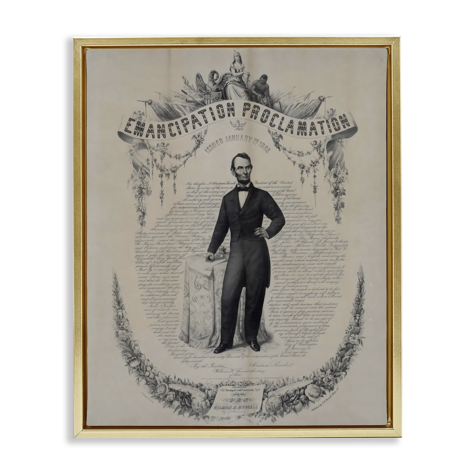 Stupell Industries Lincoln with Emancipation Proclamation Gold Framed Floater Canvas Wall Art, design by Arlington Prints