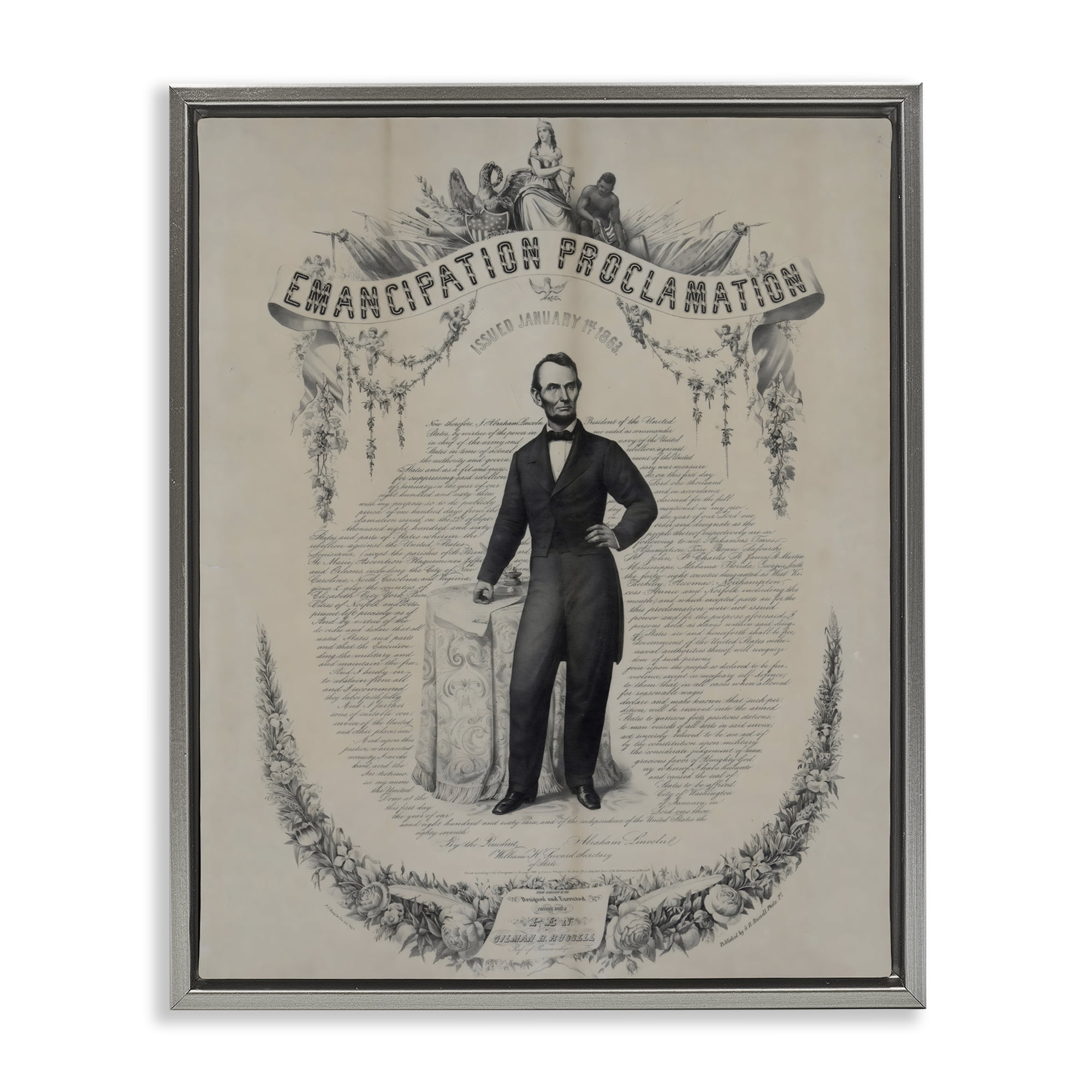 Stupell Industries Lincoln with Emancipation Proclamation Gray Framed Floater Canvas Wall Art, design by Arlington Prints