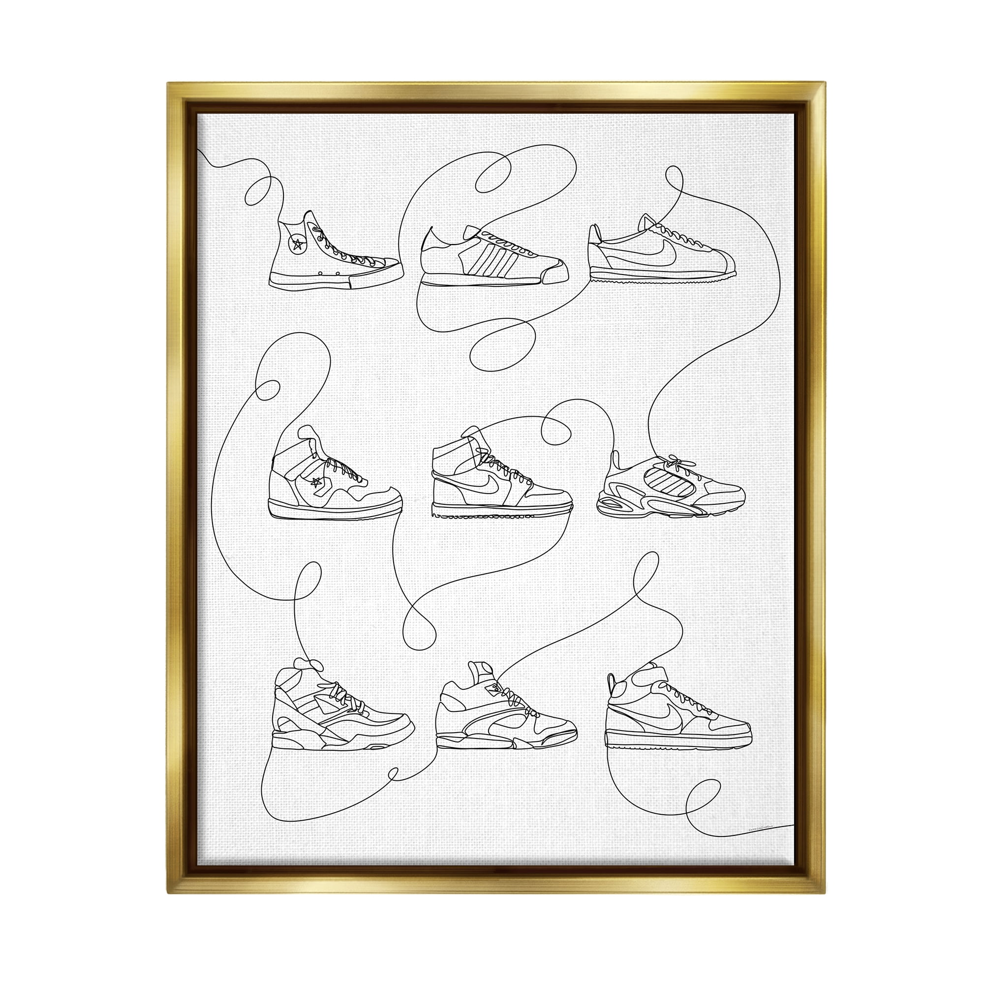 Stupell Industries Line Doodle Sneakers Beauty & Fashion Painting Gold Floater Framed Canvas Art Print Wall Art, 17 x 21