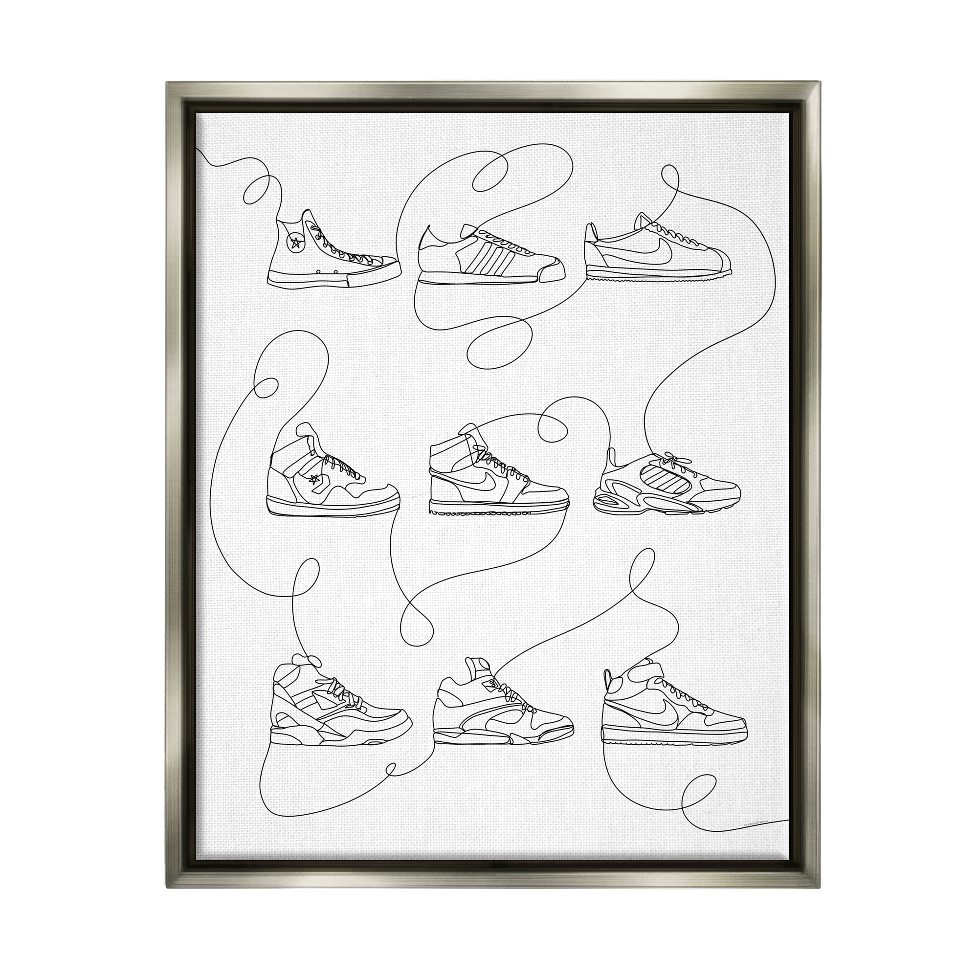 Stupell Industries Line Doodle Sneakers Beauty & Fashion Painting Gray Floater Framed Canvas Art Print Wall Art, 25 x 31