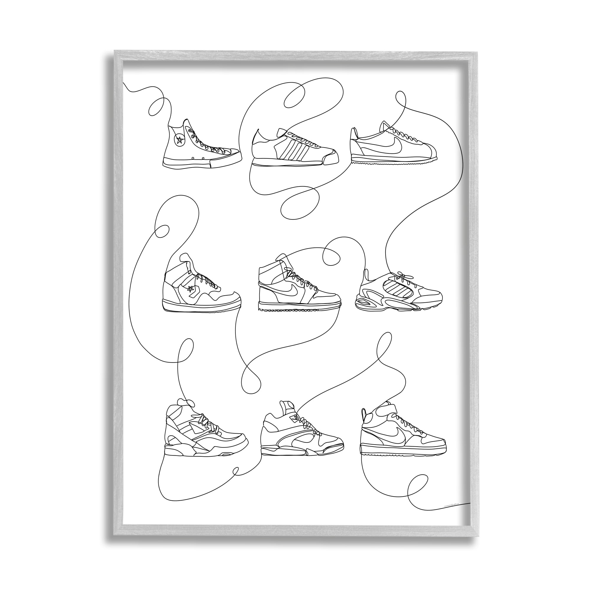 Stupell Industries Line Doodle Sneakers Beauty & Fashion Painting Gray Framed Art Print Wall Art, 16 x 20