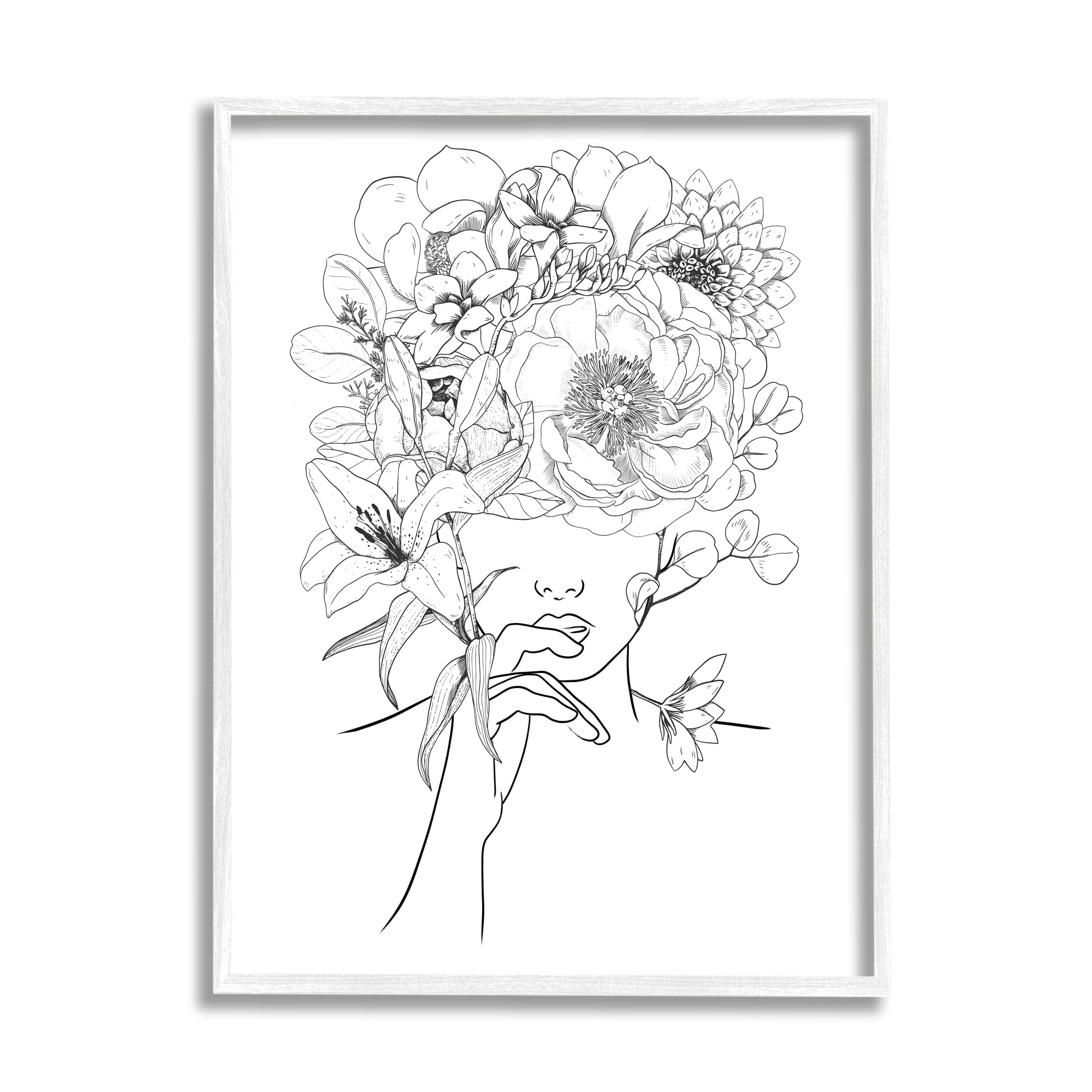 Stupell Line Drawing Botanical Floral Bouquet Over Person Face Framed Wall Art - White - 24 x 30