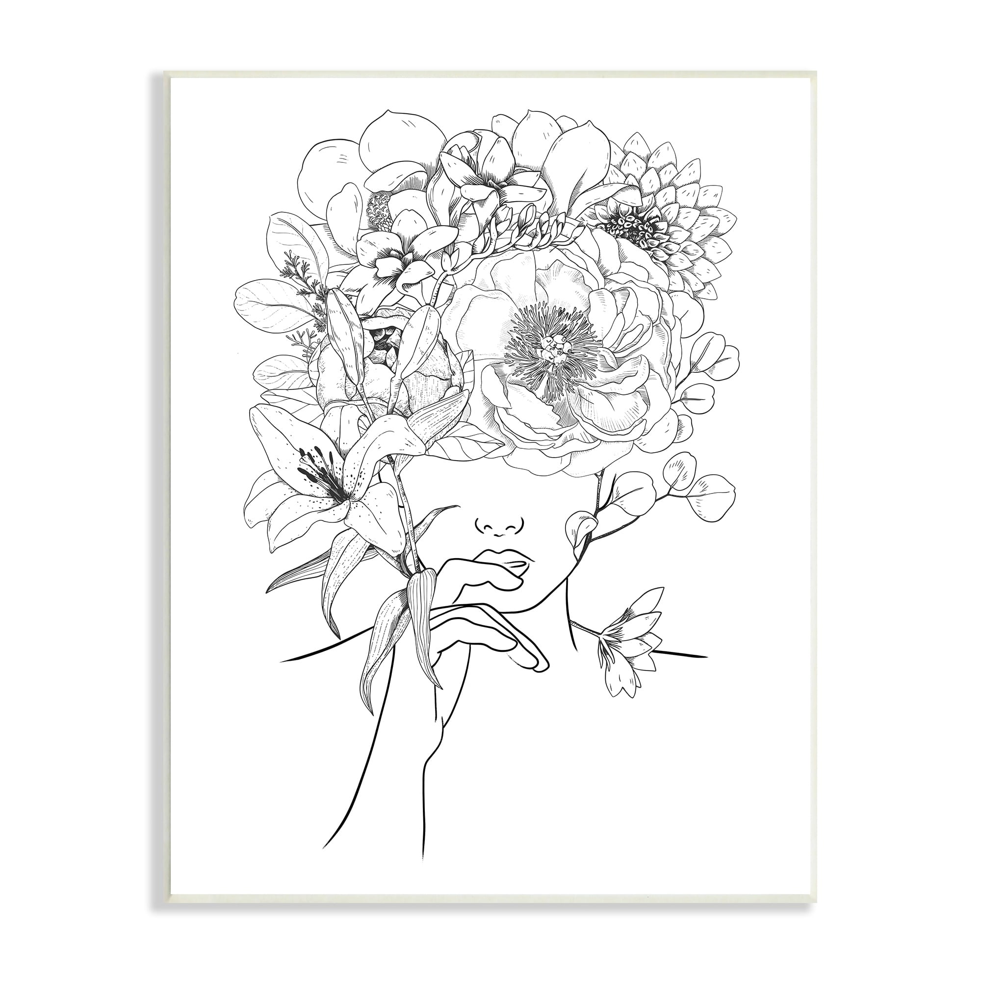 Stupell Industries Line Drawing Botanical Floral Bouquet Over Person Face Wood Wall Art, 10 x 15, Design by Ros Ruseva