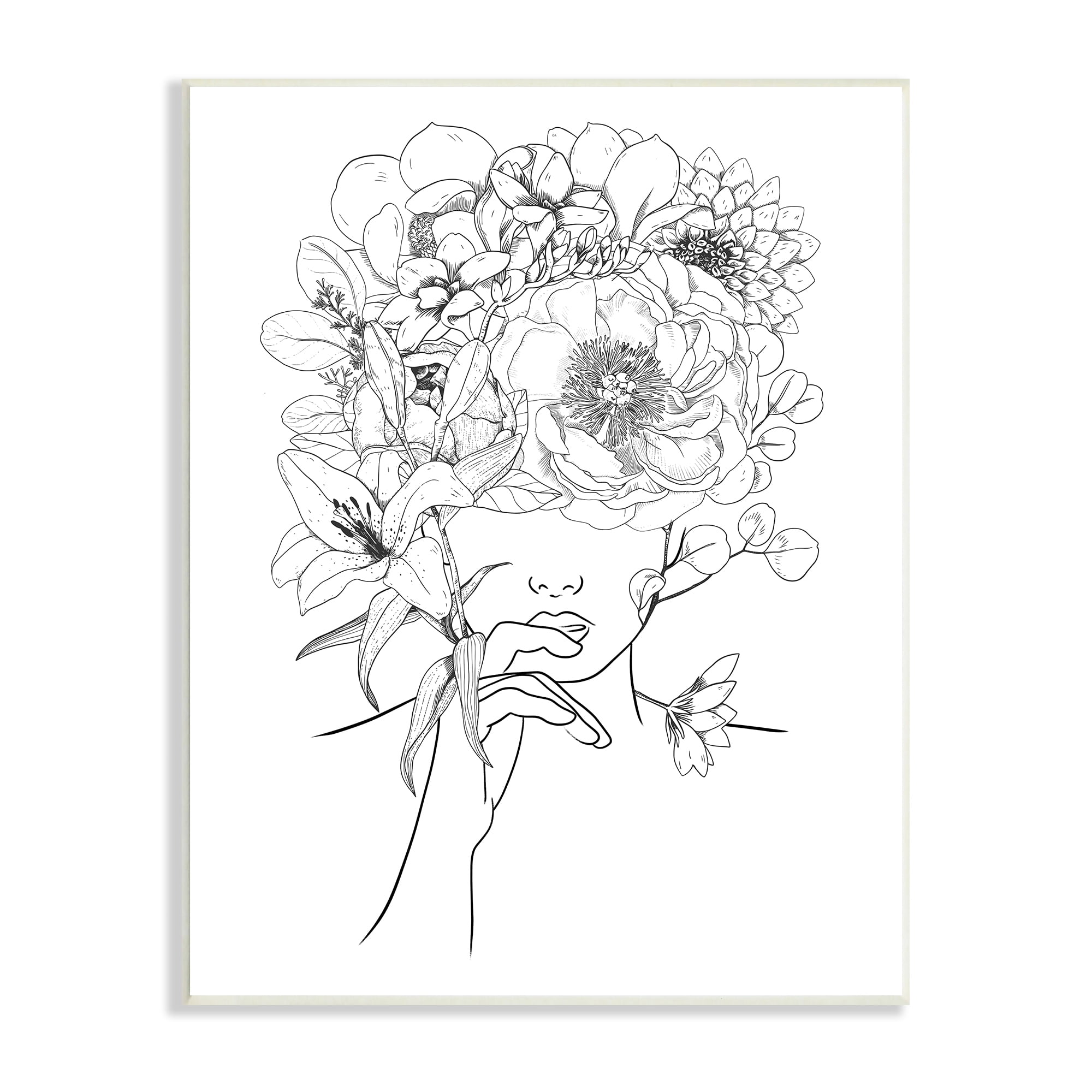 Stupell Industries Line Drawing Botanical Floral Bouquet Over Person Face  Wood Wall Art, 10 x 15, Design by Ros Ruseva