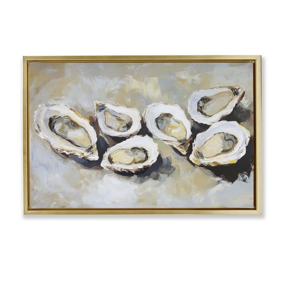 Stupell Industries Coastal Line of Oysters in Neutrals Gold Floating Frame Canvas Art, 31 x 21, by Sisi and Seb