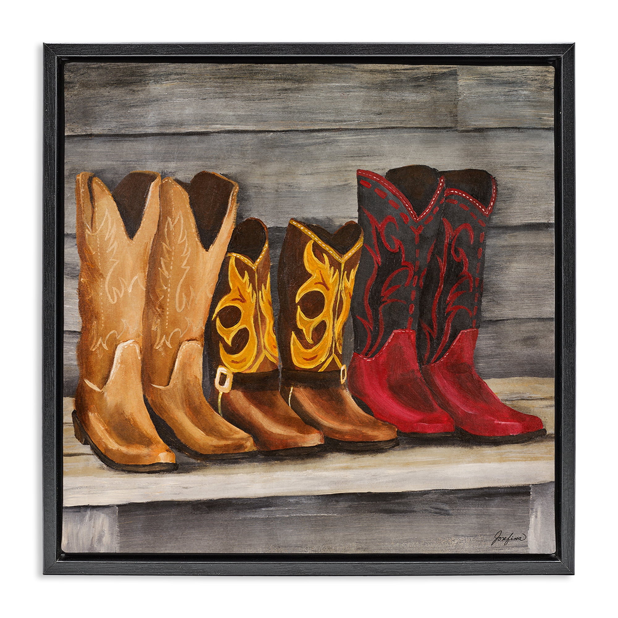 Stupell Industries Lined Up Cowboy Boots Entertainment Painting Black Floater Framed Canvas Art Print Wall Art, 18 x 18
