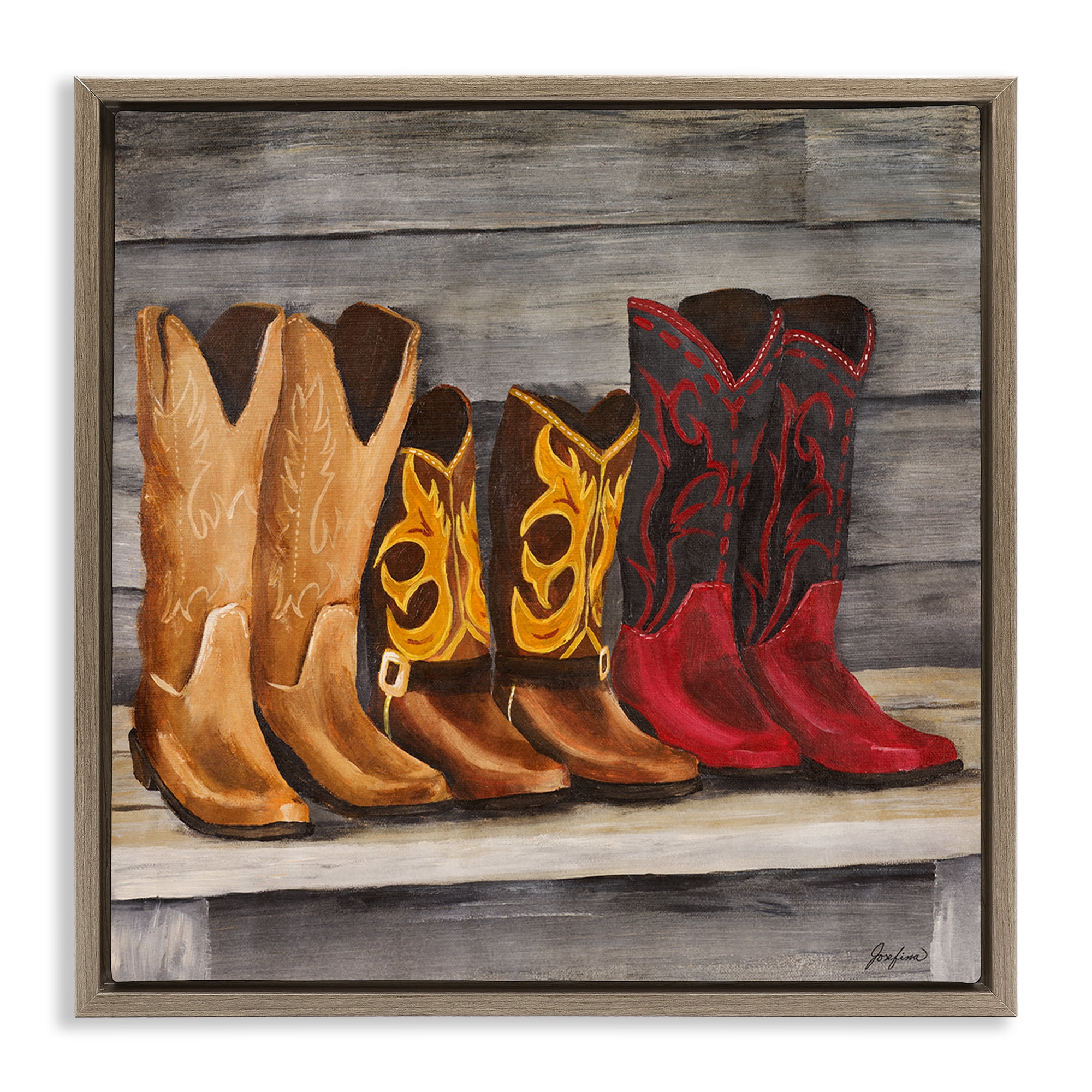 Stupell Industries Lined Up Cowboy Boots Entertainment Painting Brown Floater Framed Canvas Art Print Wall Art, 25 x 25