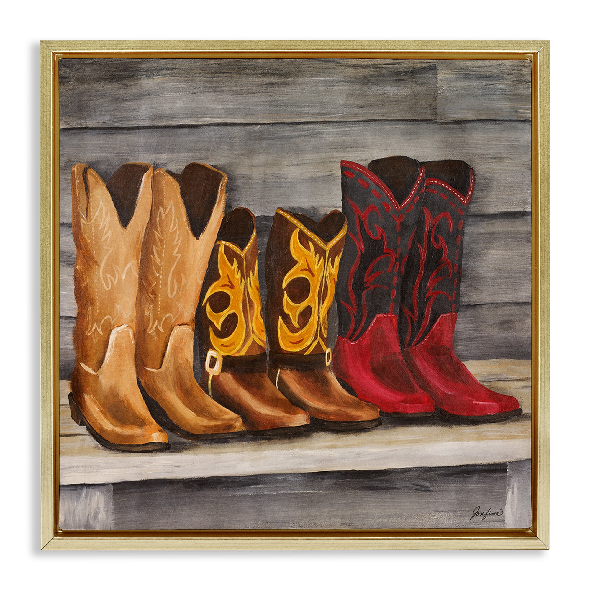 Stupell Industries Lined Up Cowboy Boots Entertainment Painting Gold Floater Framed Canvas Art Print Wall Art, 25 x 25