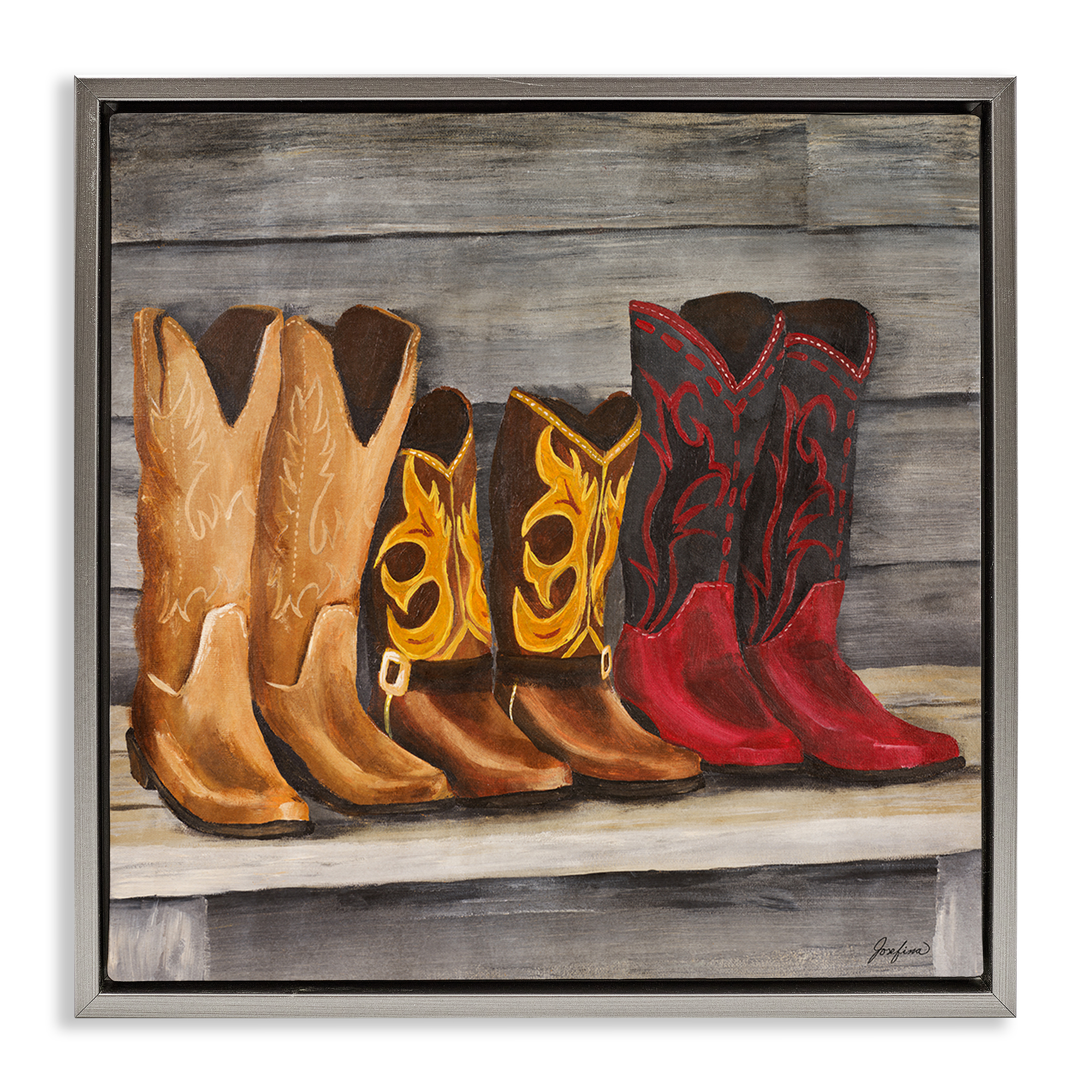 Stupell Industries Lined Up Cowboy Boots Entertainment Painting Gray Floater Framed Canvas Art Print Wall Art, 25 x 25